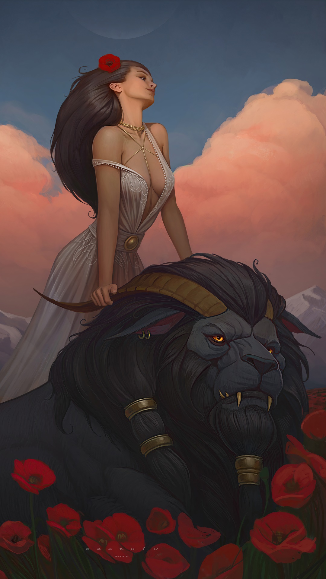 Fantasy girl with a beast and poppies HD Phone Wallpaper