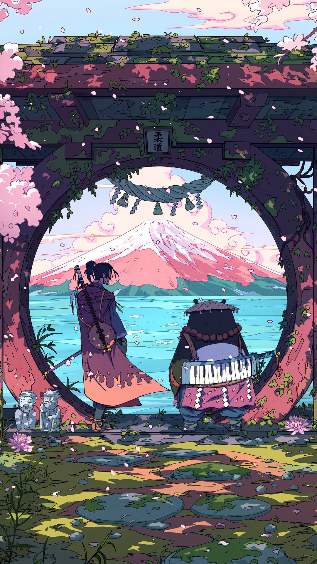 Two figures stand before Mount Fuji through a torii gate HD Phone Wallpaper
