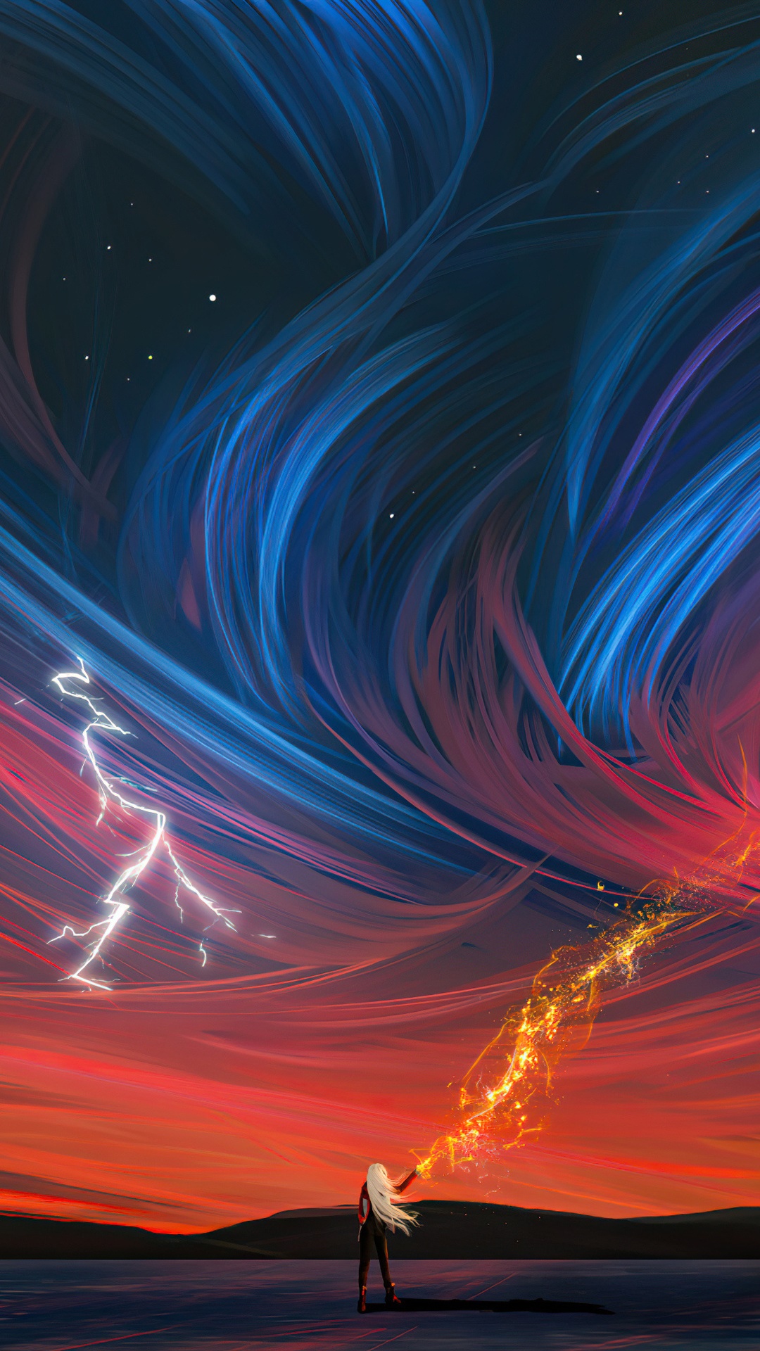 Woman casting lightning and fire magic HD Phone Wallpaper