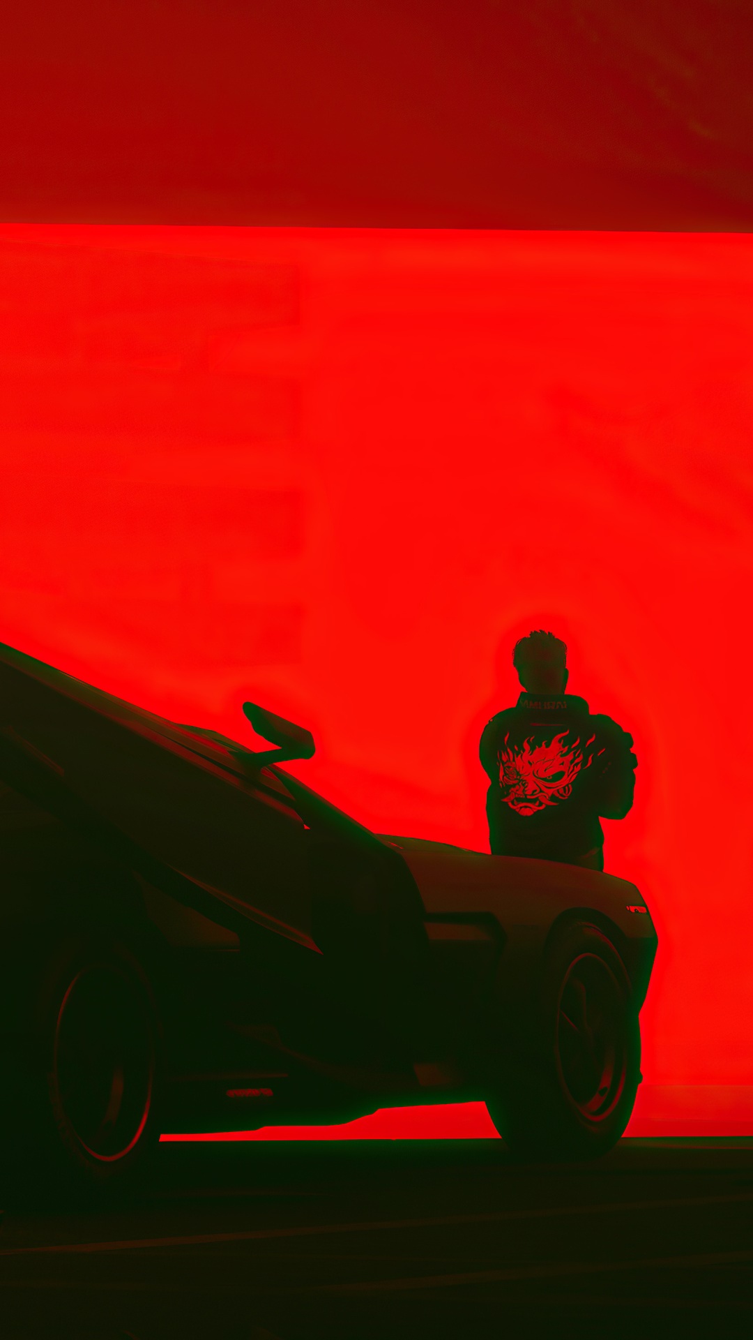 Cyberpunk 2077 character with dragon jacket and car HD Phone Wallpaper