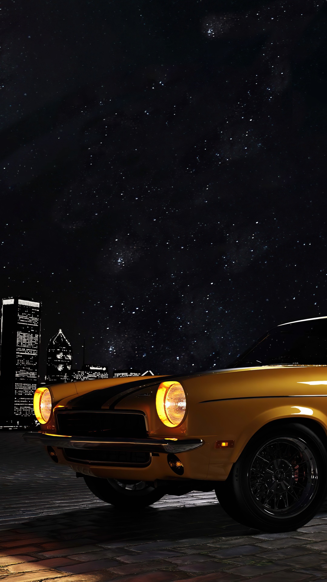 Yellow Chevrolet Car Under a Starry Night Sky HD Phone Wallpaper