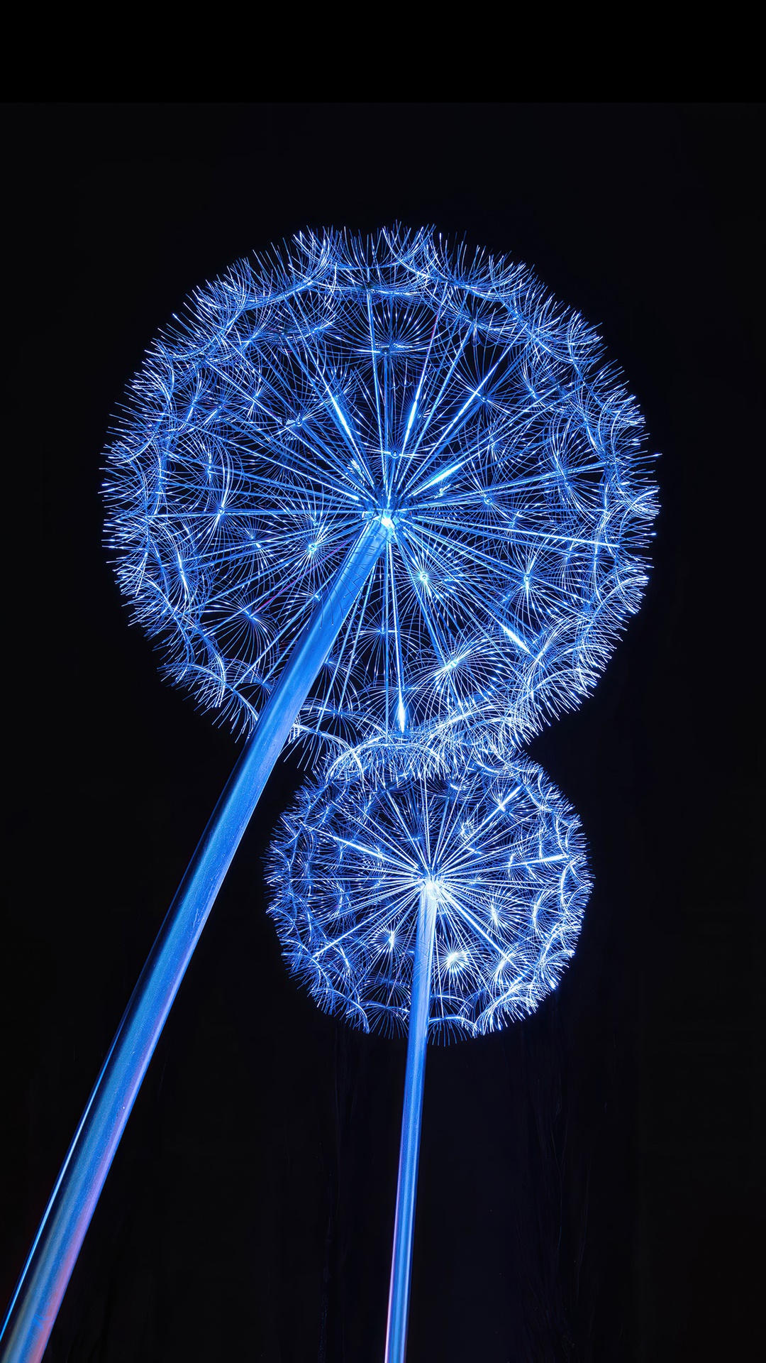 Two illuminated dandelion sculptures on a black background HD Phone Wallpaper