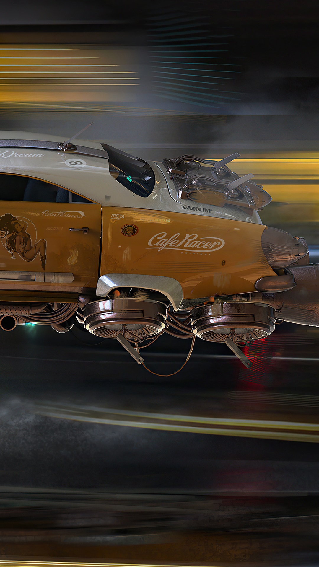 Retro-futuristic flying car with 'Cafe Racer' branding HD Phone Wallpaper