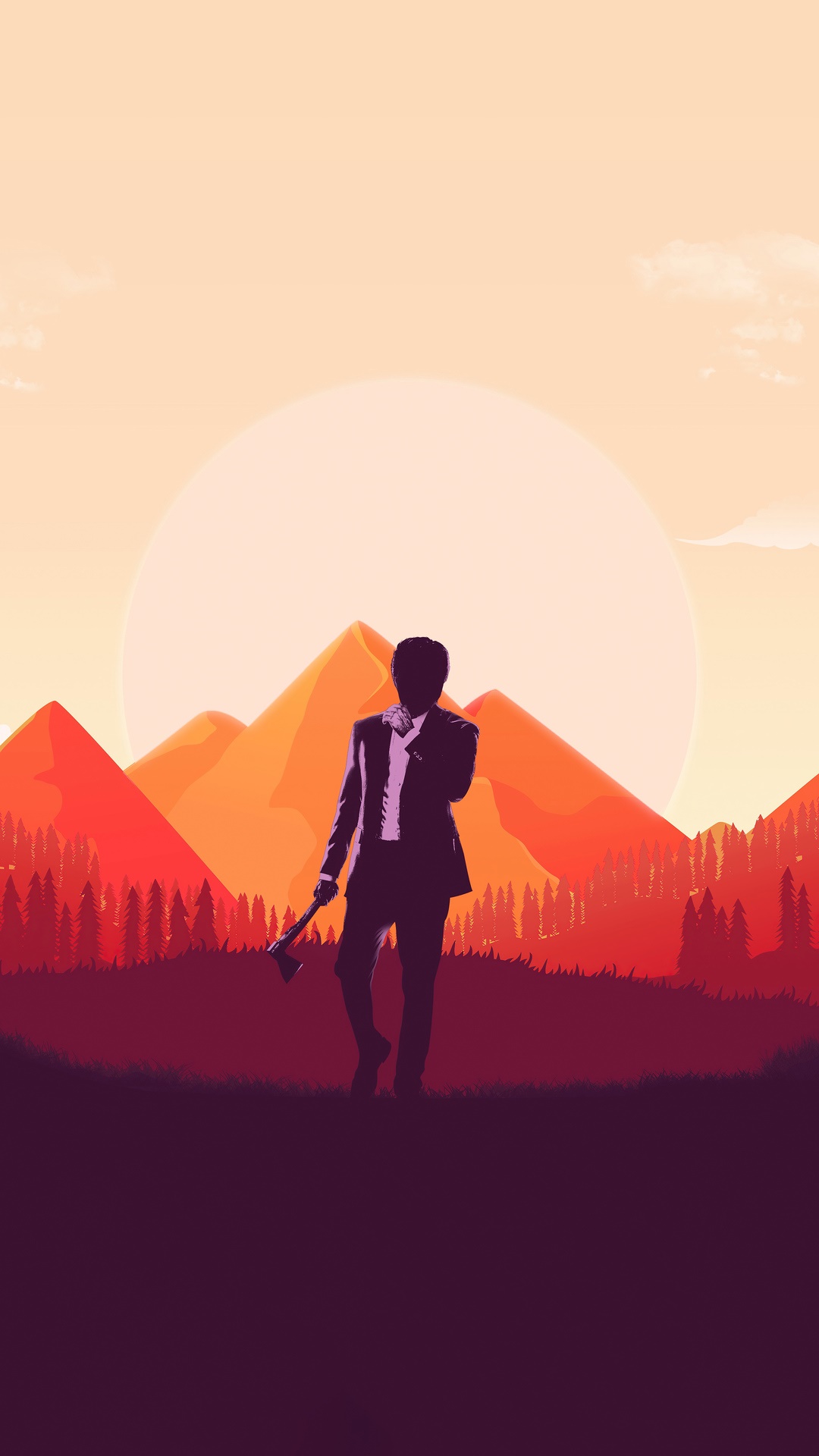 Minimalist Artwork of a Man with an Axe at Sunset HD Phone Wallpaper