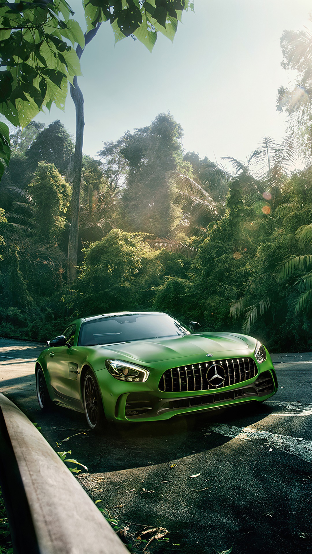 Green Mercedes-AMG GT R in a Tropical Forest HD Phone Wallpaper
