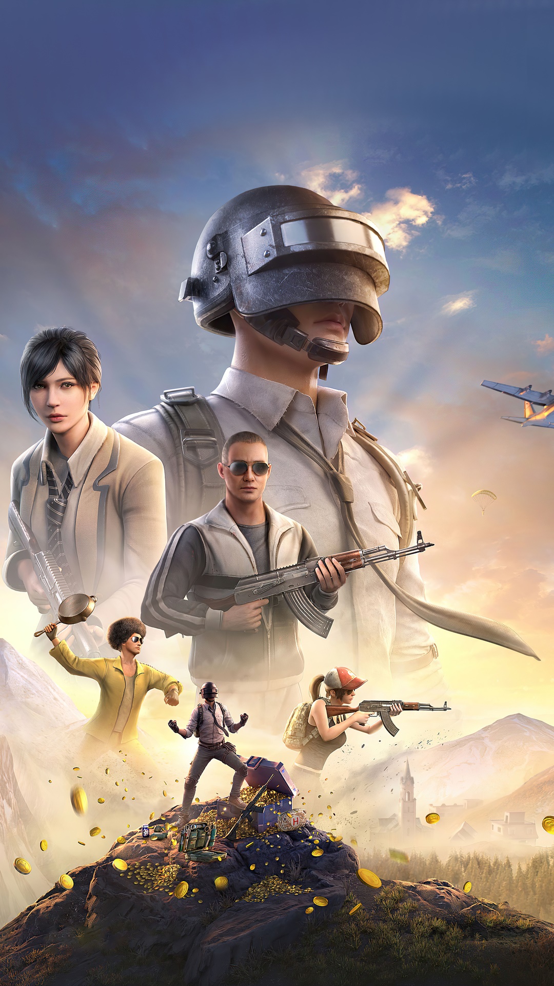 PUBG characters on a mountain with gold and weapons HD Phone Wallpaper