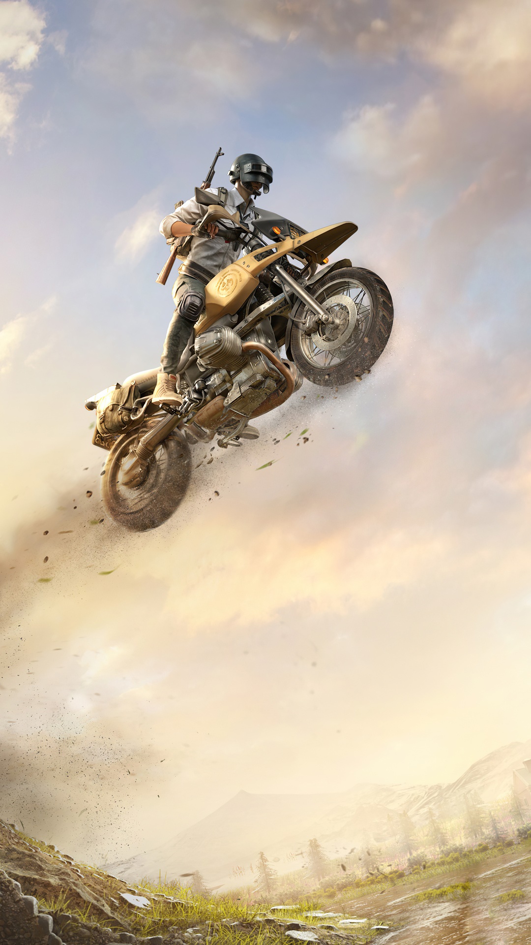 PlayerUnknown's Battlegrounds character on a motorcycle jump HD Phone Wallpaper