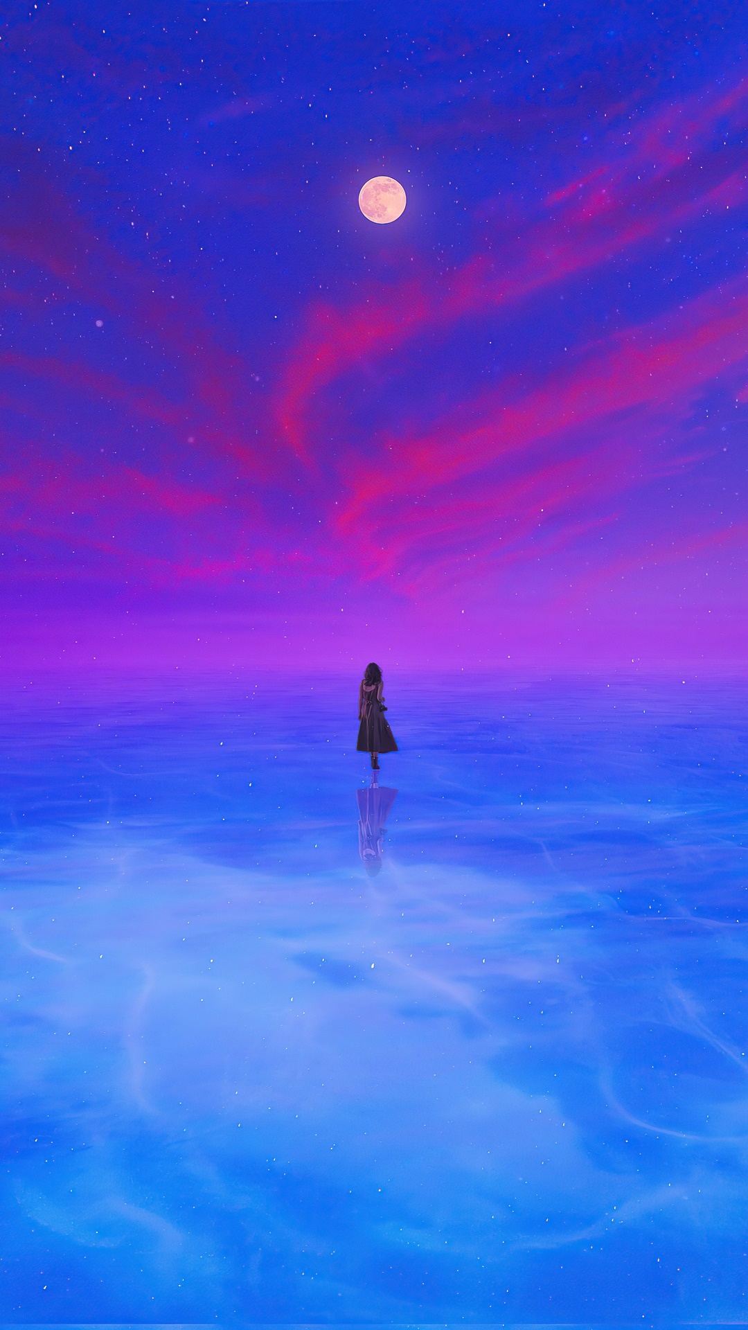 A lone figure stands on a reflective surface under a starry sky HD Phone Wallpaper