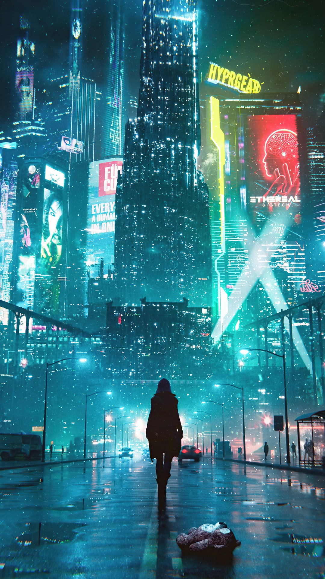 Cyberpunk Cityscape with a Lone Figure HD Phone Wallpaper