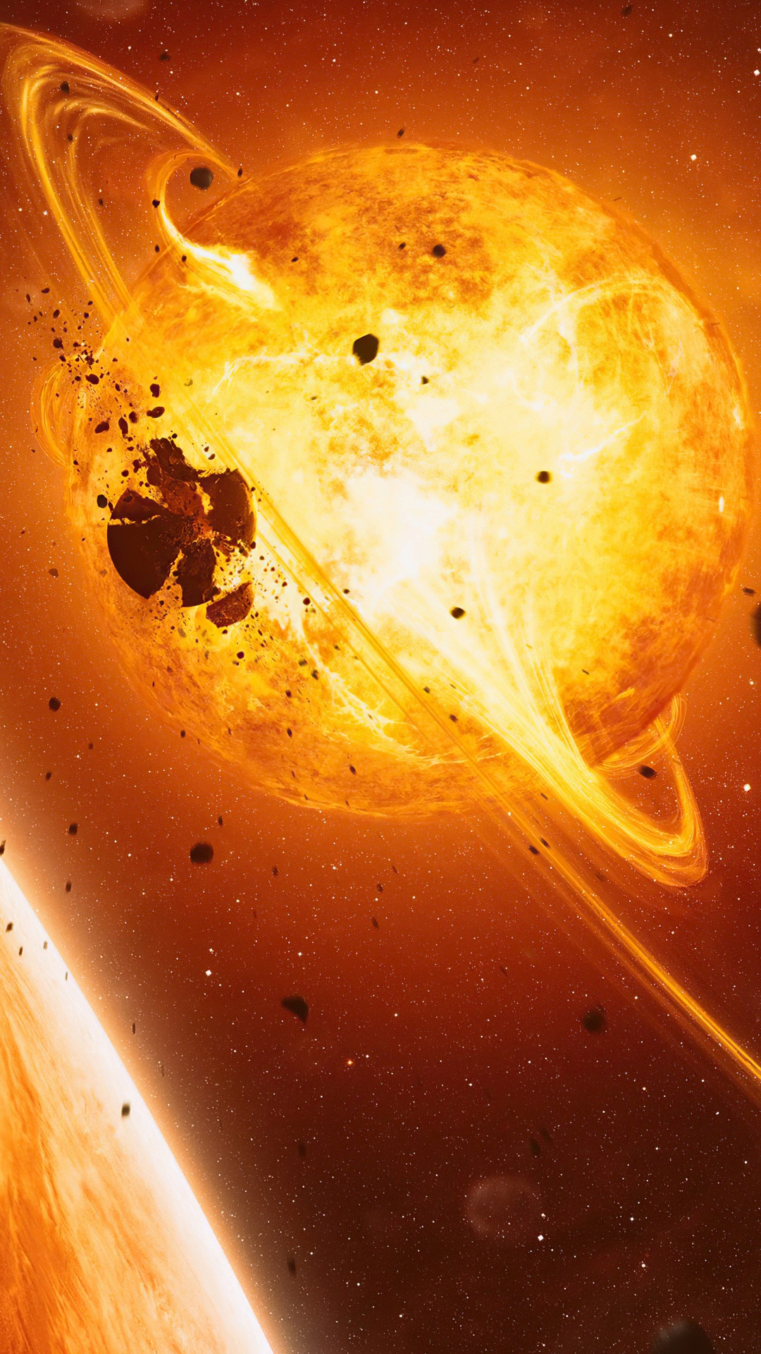 Exploding Sun with Asteroids and Rings HD Phone Wallpaper