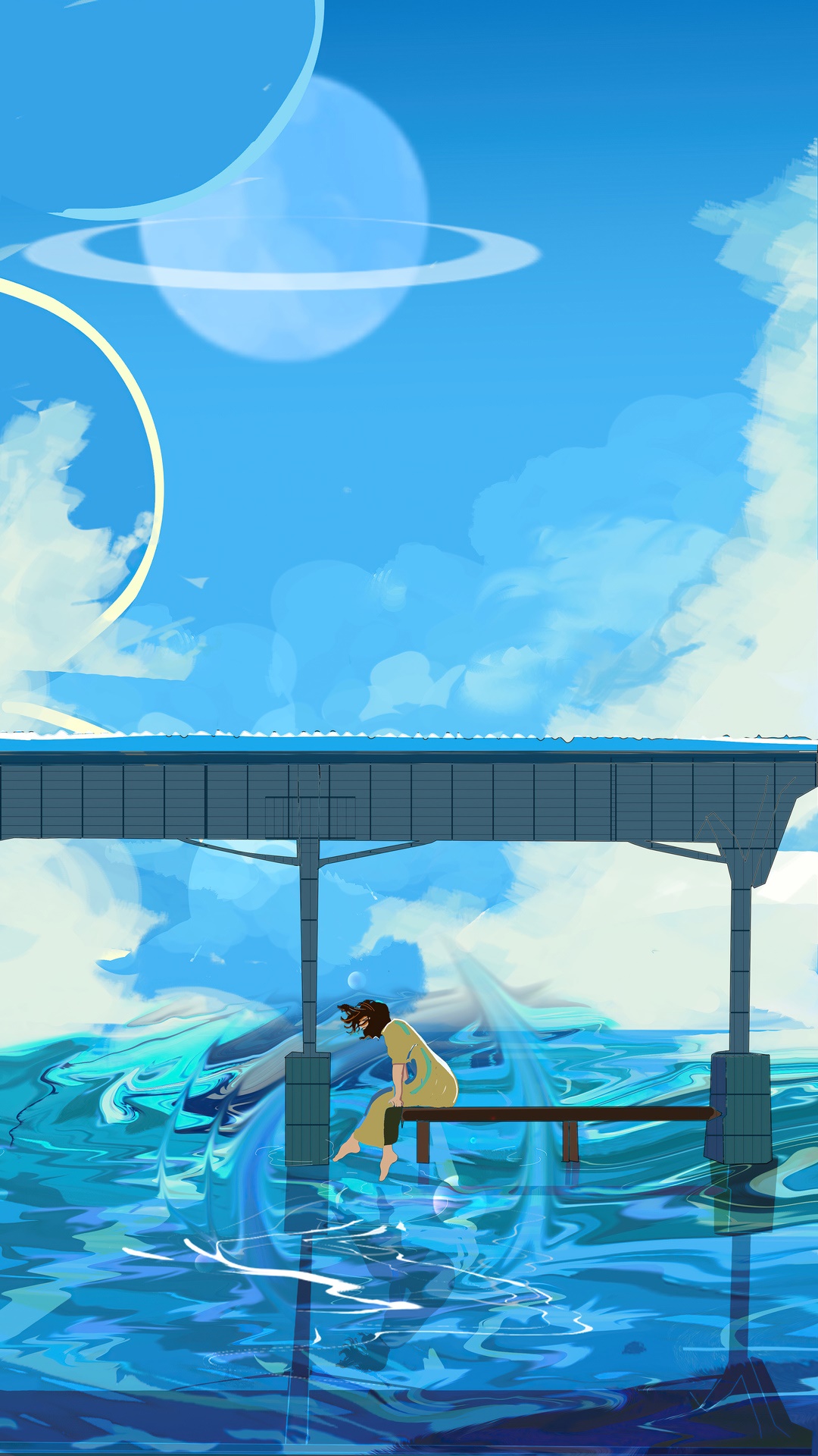 A person sits on a pier over a swirling blue ocean under a ringed planet. HD Phone Wallpaper