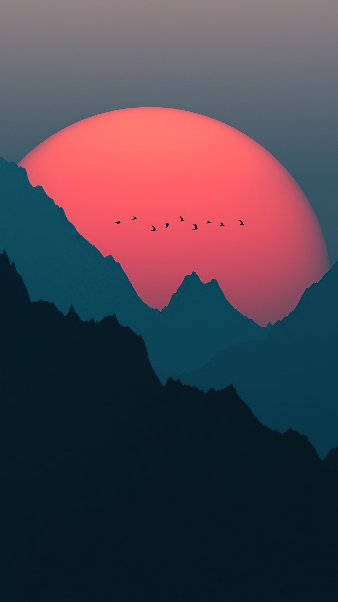 Digital Art of Mountains and Sunset with Birds HD Phone Wallpaper