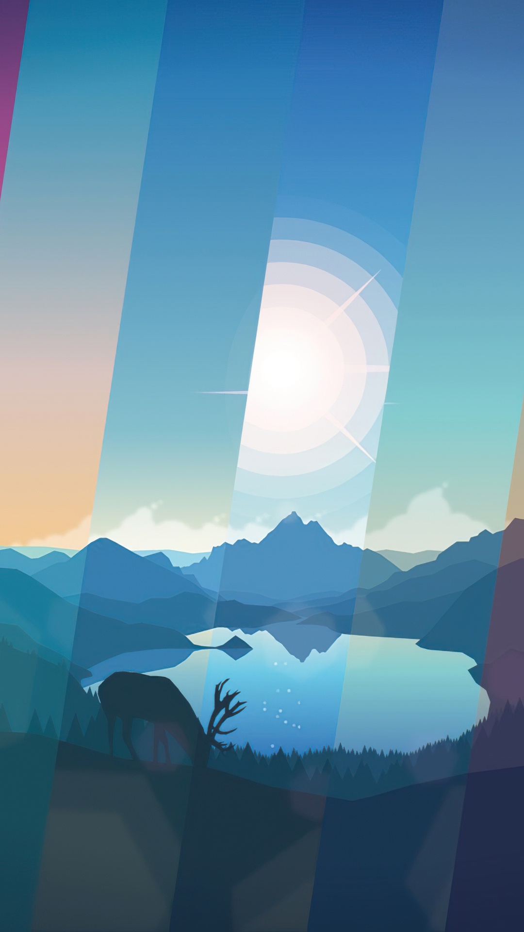 Minimalist digital art of a deer by a lake with mountains HD Phone Wallpaper