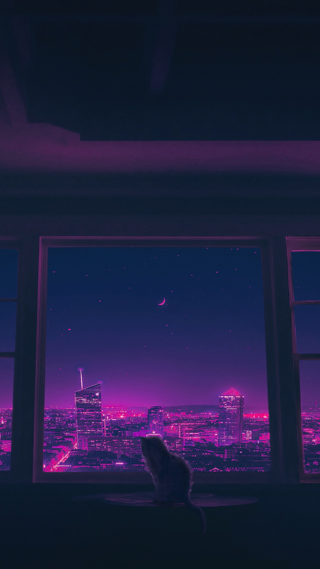 Cat looking at a synthwave city at night HD Phone Wallpaper