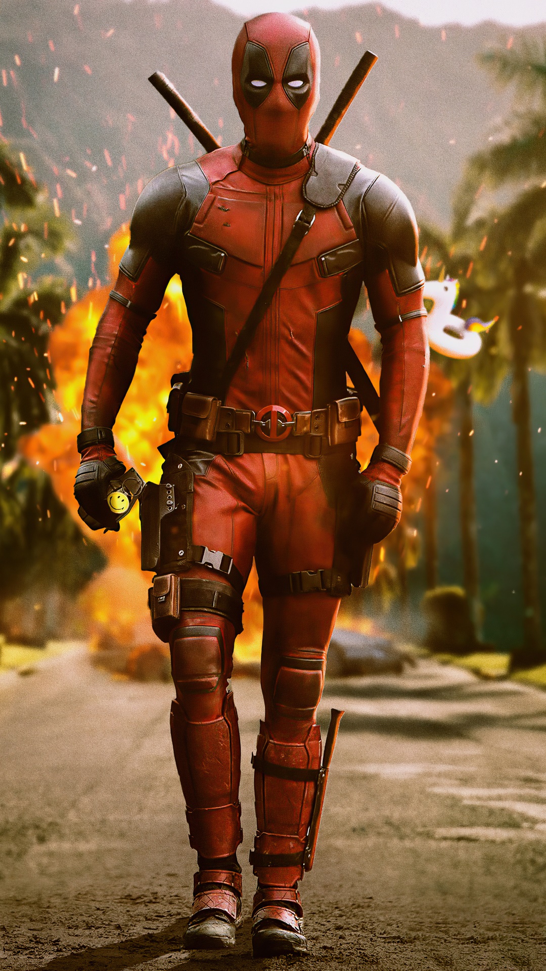 Deadpool with swords and explosion HD Phone Wallpaper