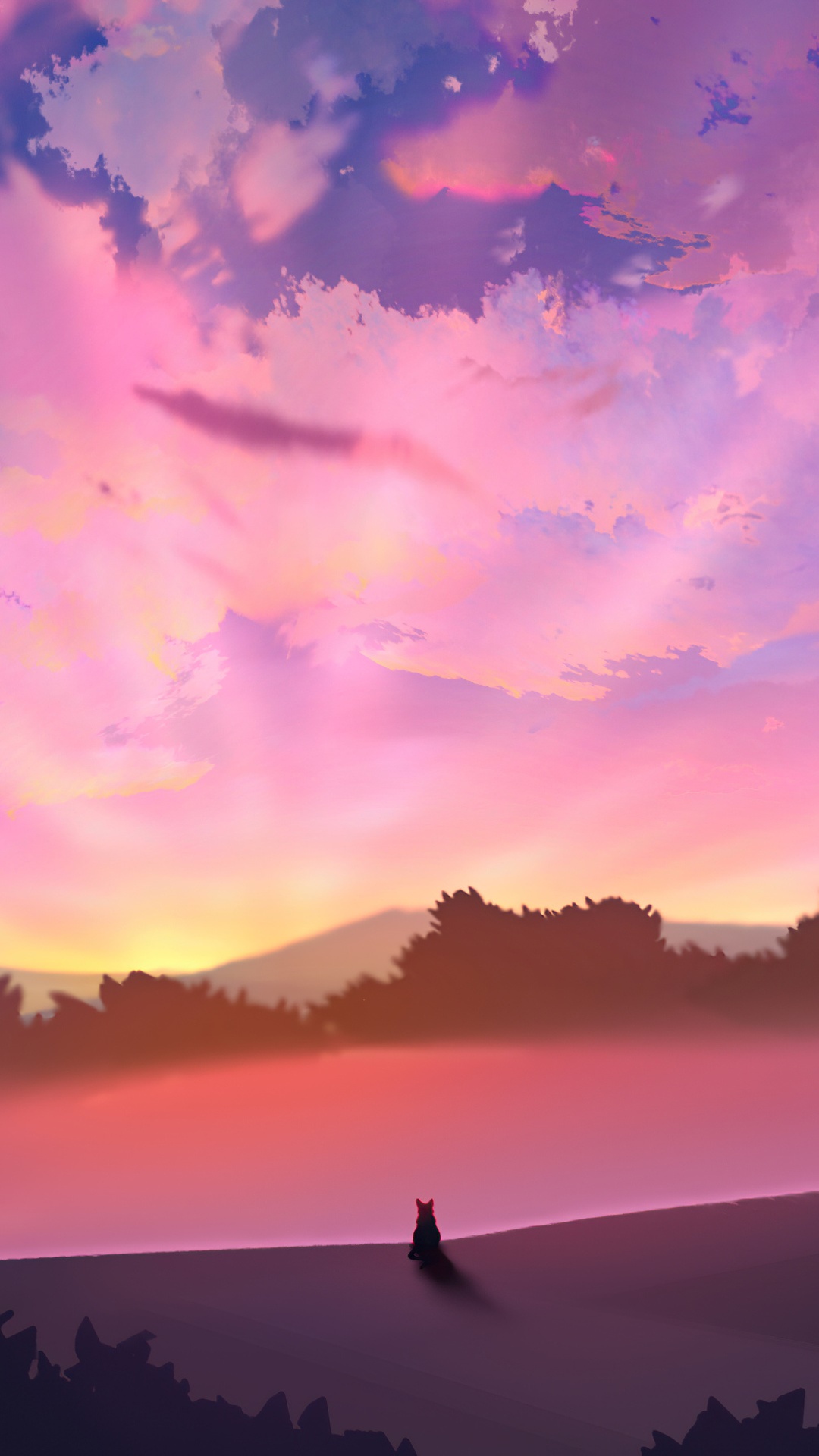Digital Art of a Cat at Sunset HD Phone Wallpaper
