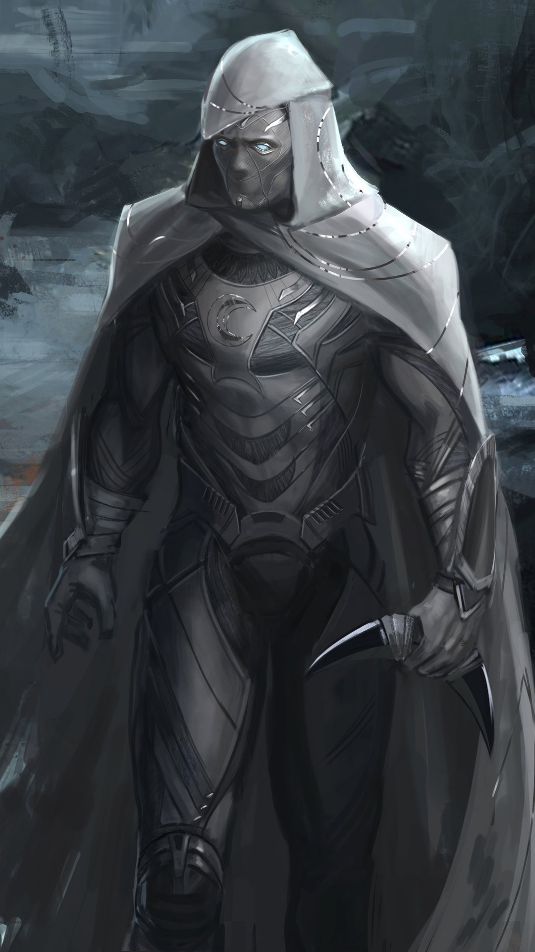 Moon Knight in his costume holding crescent darts HD Phone Wallpaper