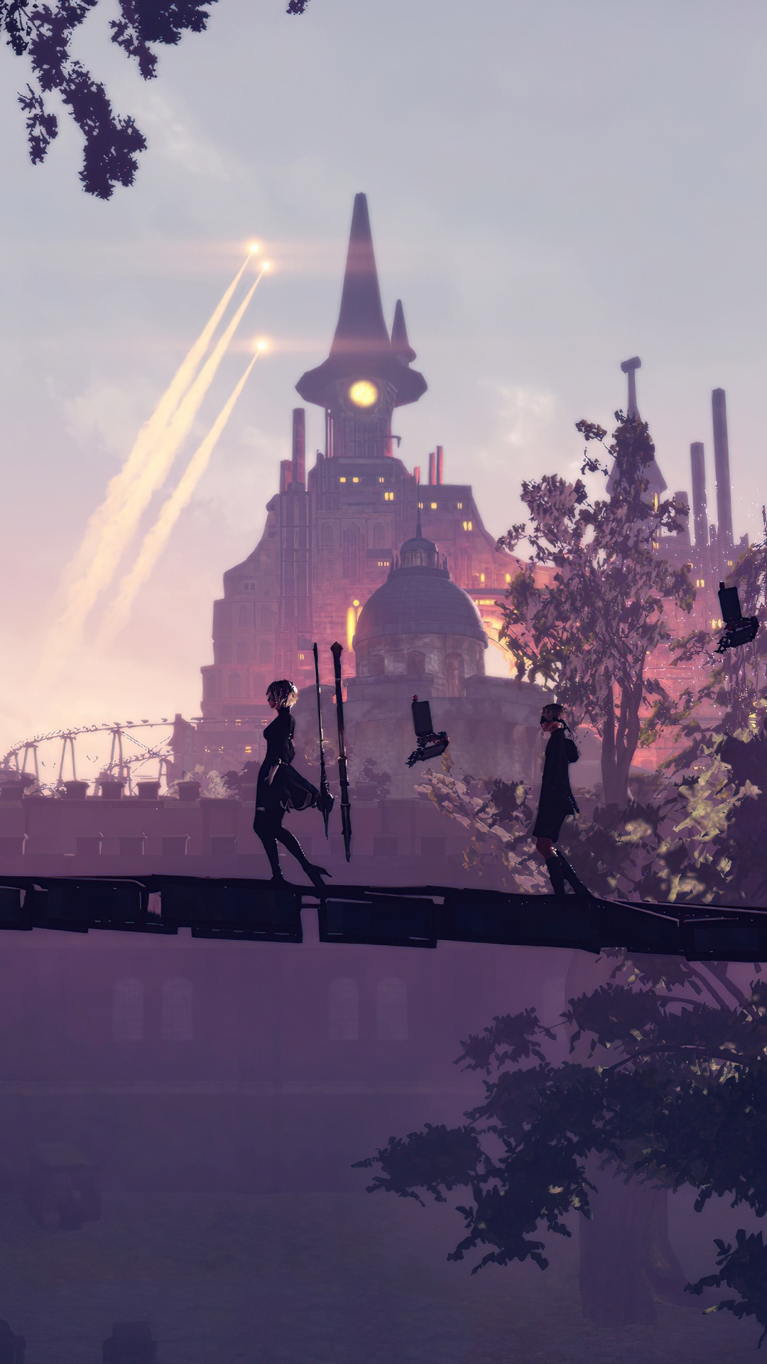 Nier Automata characters walk on a bridge with a castle in the background HD Phone Wallpaper