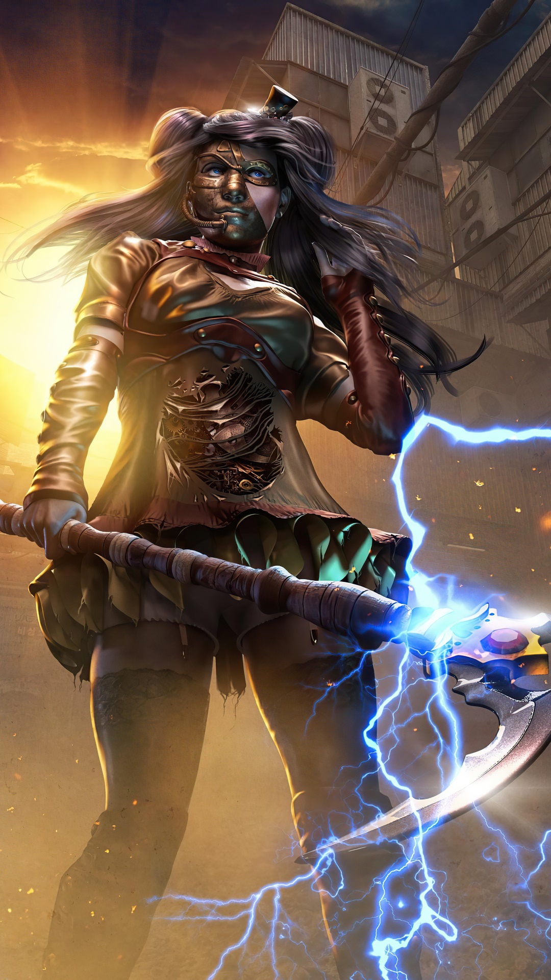 Steampunk woman with axe and lightning HD Phone Wallpaper