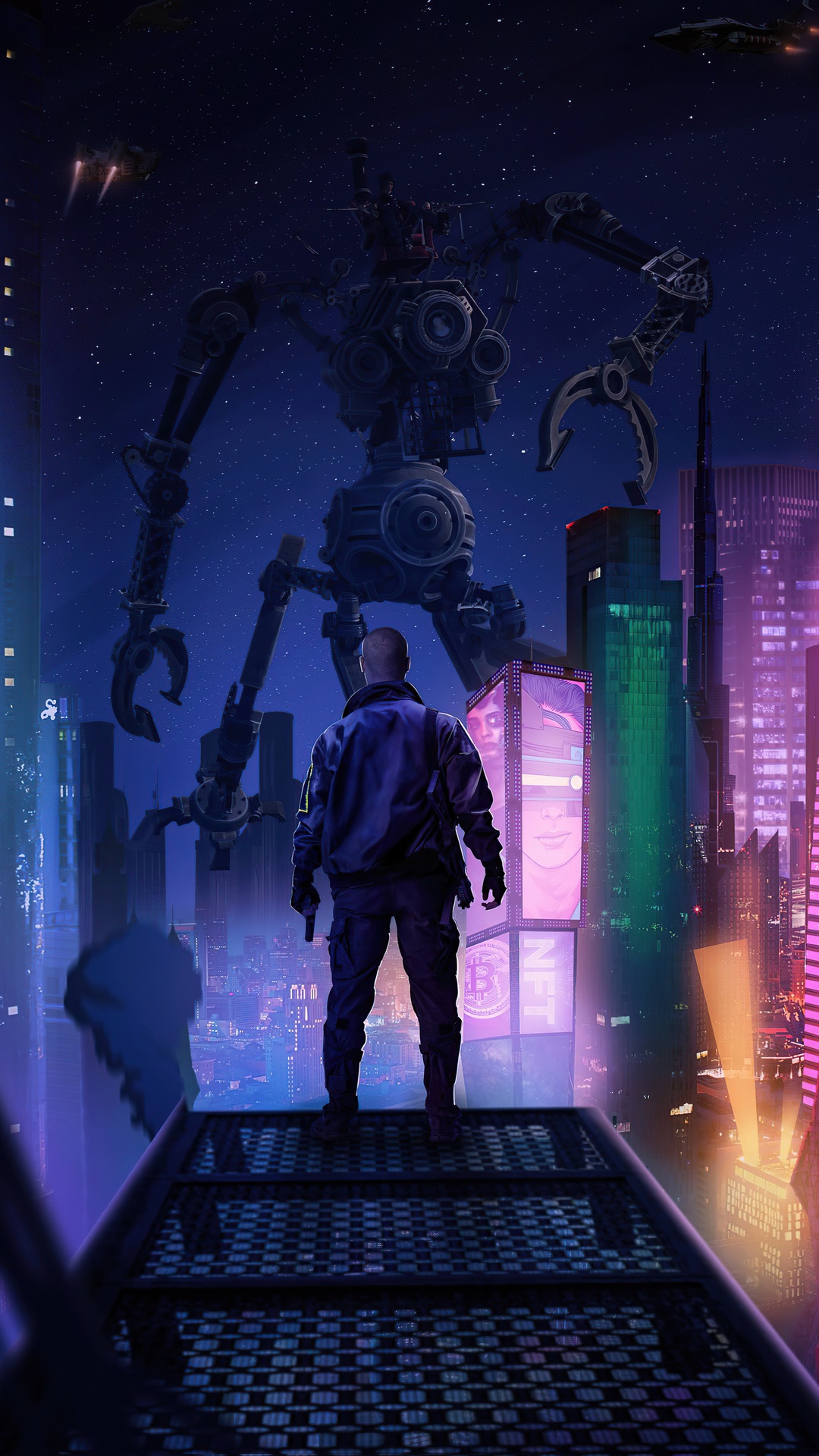 Man with gun faces giant robot in futuristic city HD Phone Wallpaper