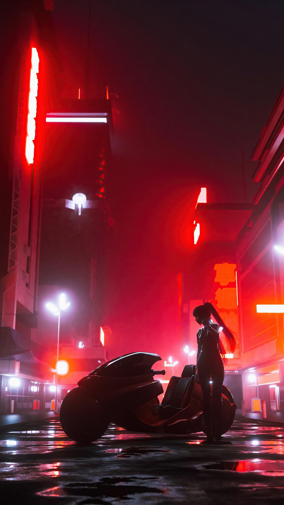 Cyberpunk woman with motorcycle in neon city HD Phone Wallpaper