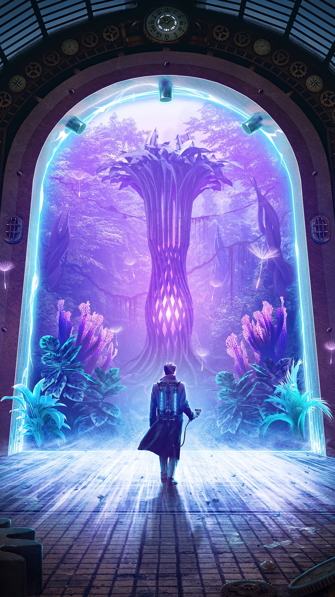 Steampunk portal to a purple forest HD Phone Wallpaper