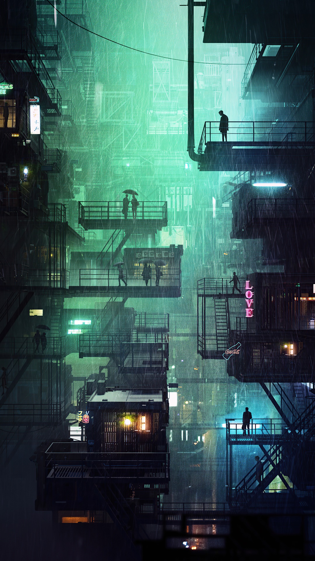 Cyberpunk city at night with neon lights and rain HD Phone Wallpaper