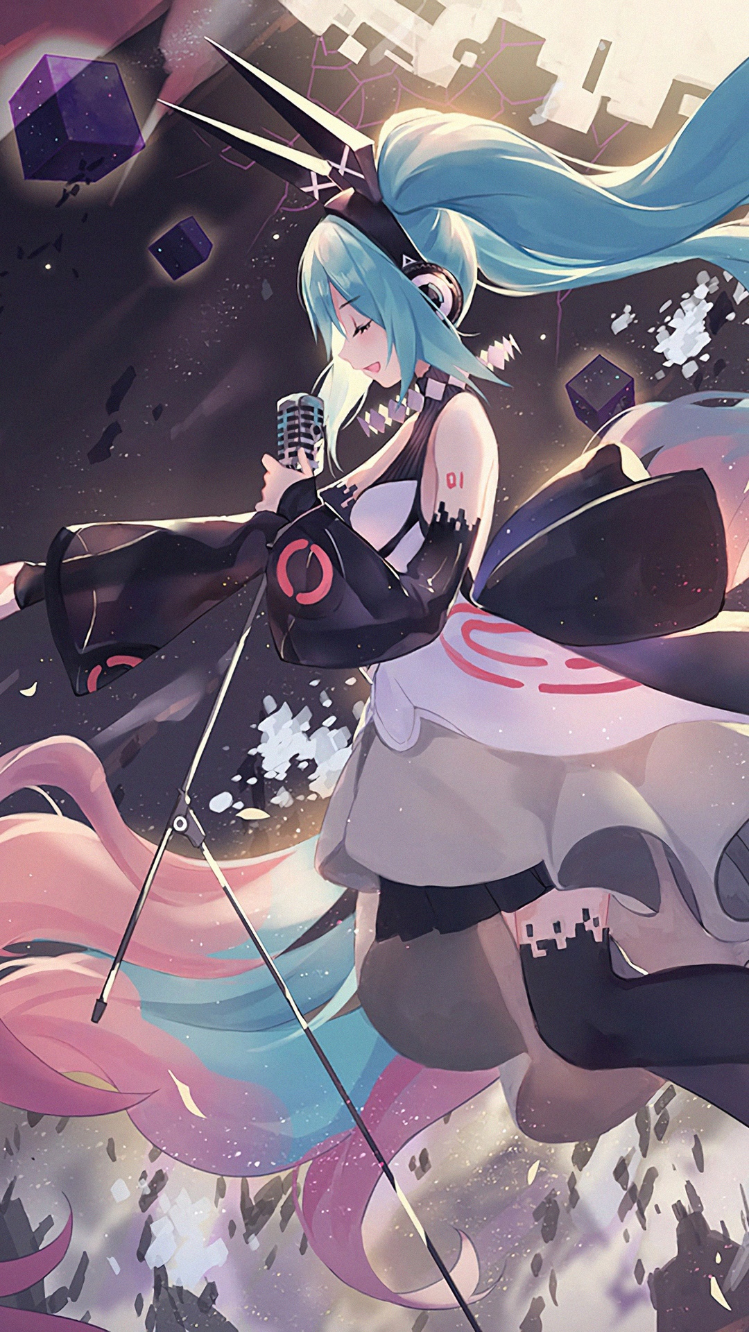 Hatsune Miku singing into a microphone with abstract background HD Phone Wallpaper