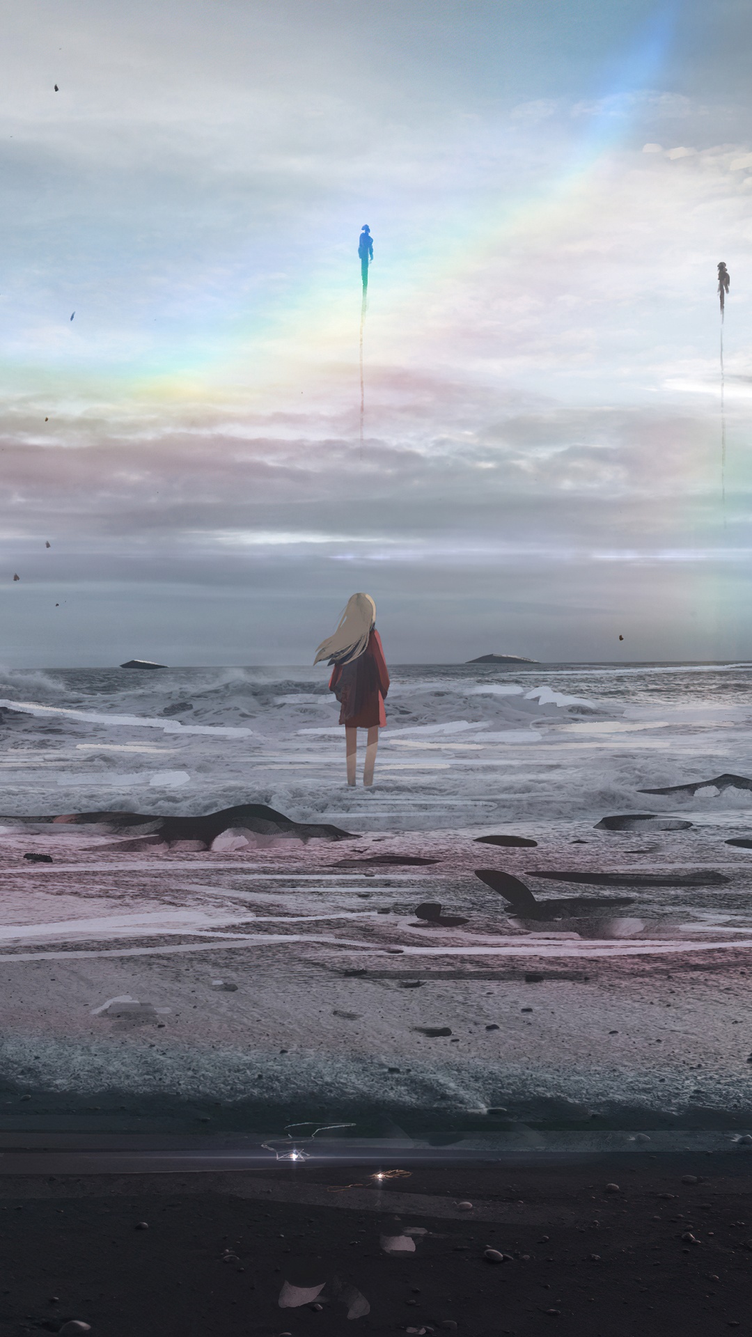 Girl on a beach with figures in the sky HD Phone Wallpaper