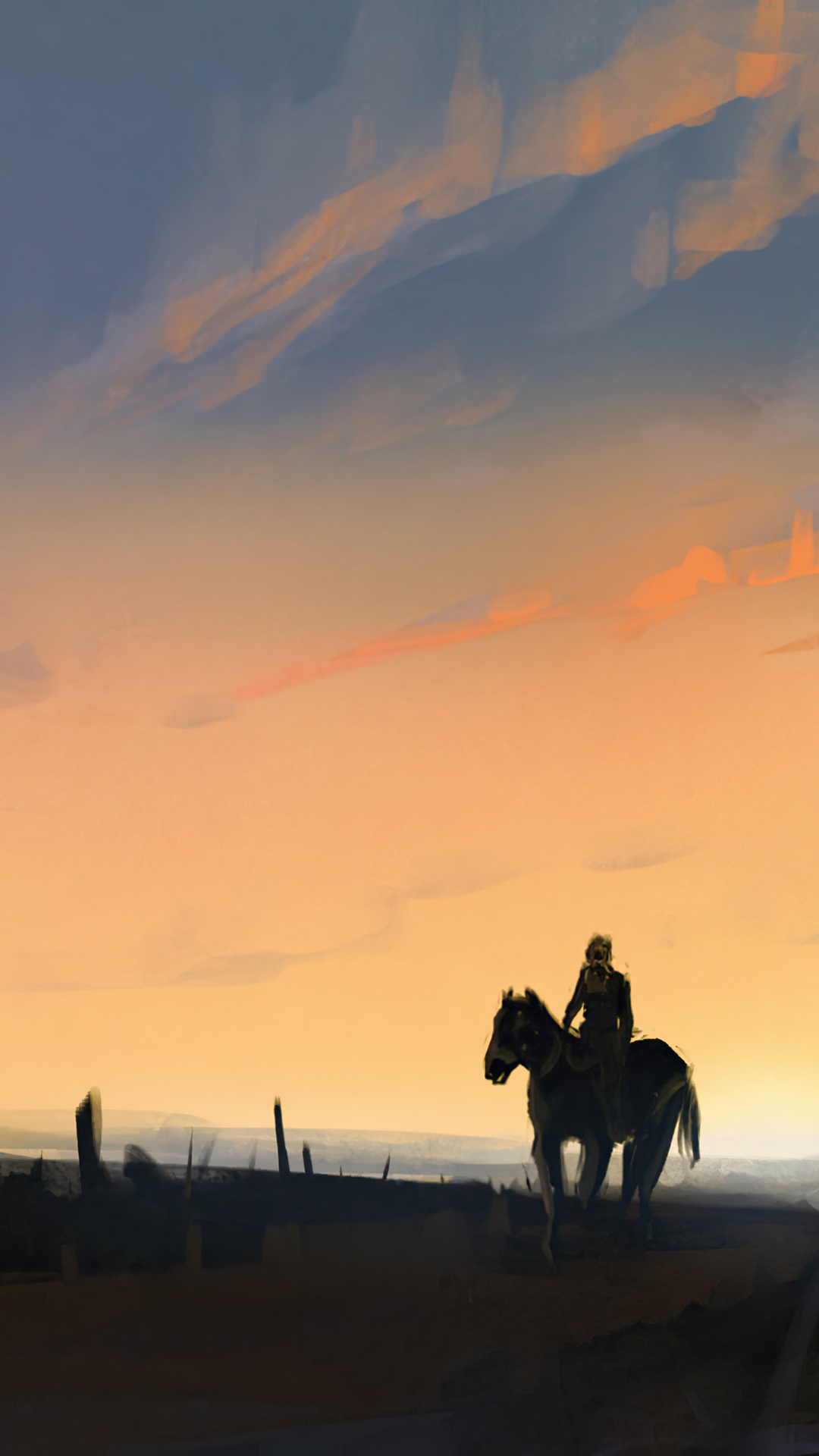 Man on horse in a desolate landscape at sunset HD Phone Wallpaper