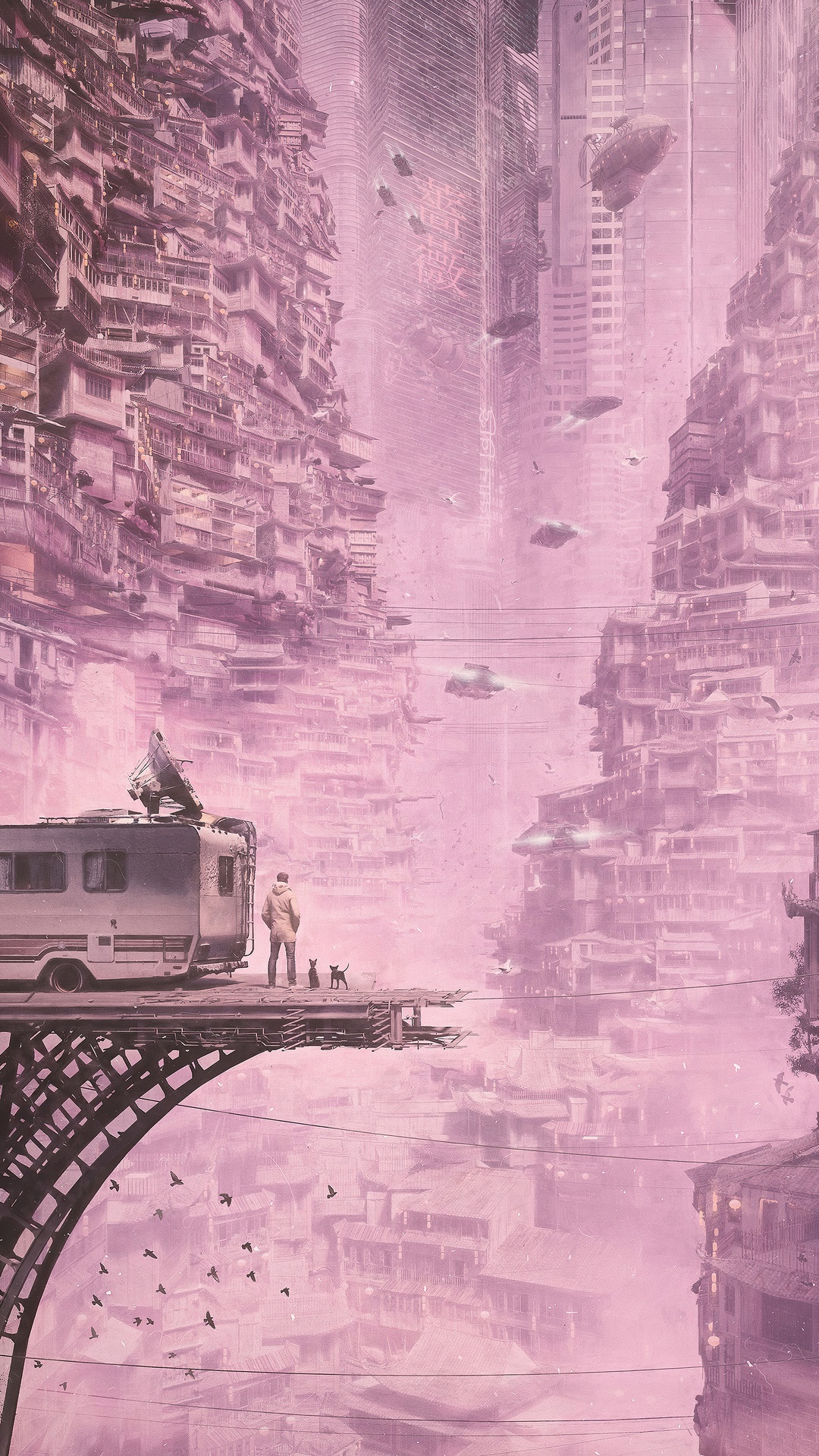 Cyberpunk Cityscape with RV and Flying Vehicles 4K HD Phone Wallpaper