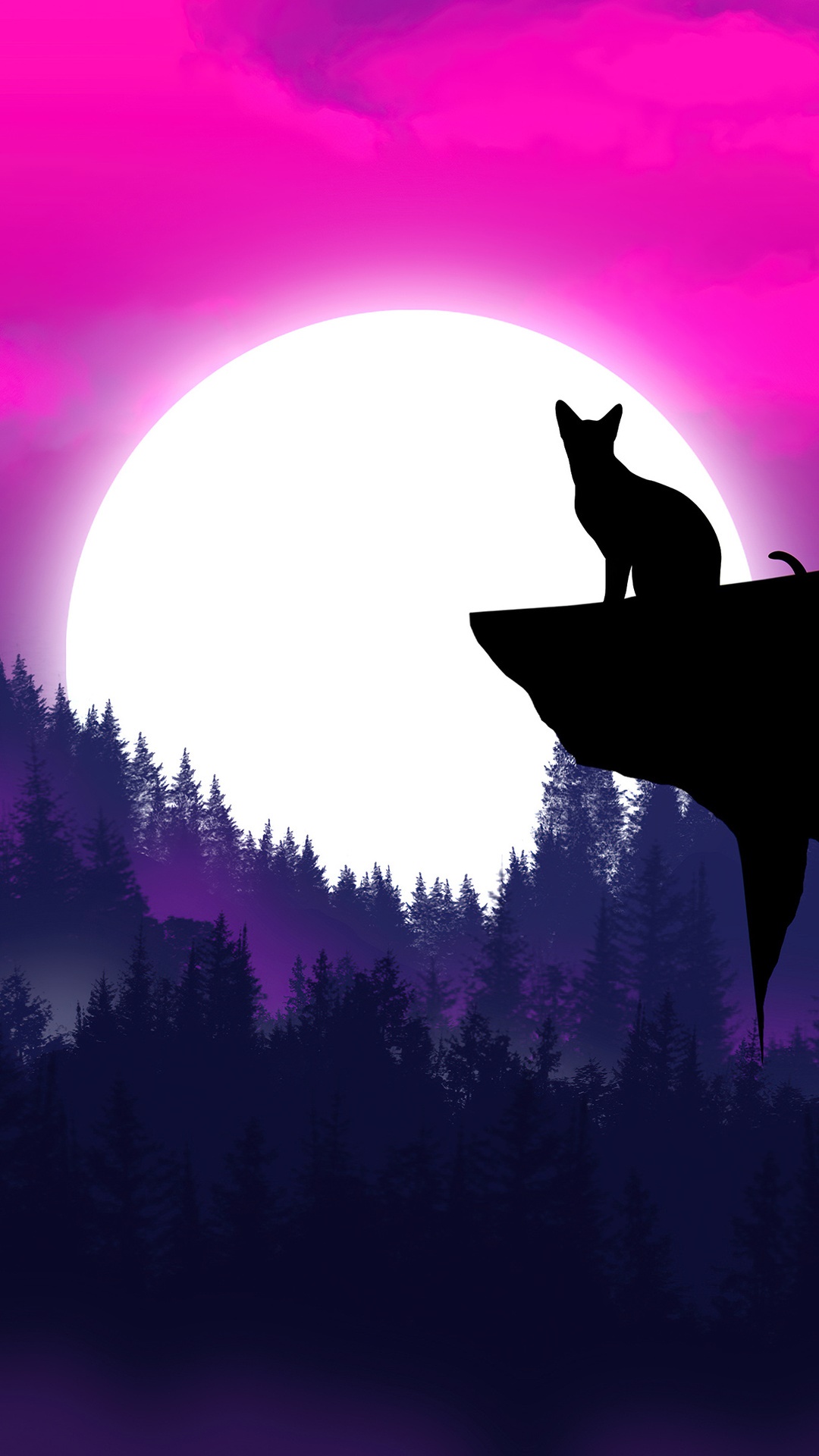 Cat on a cliff overlooking a forest at night HD Phone Wallpaper