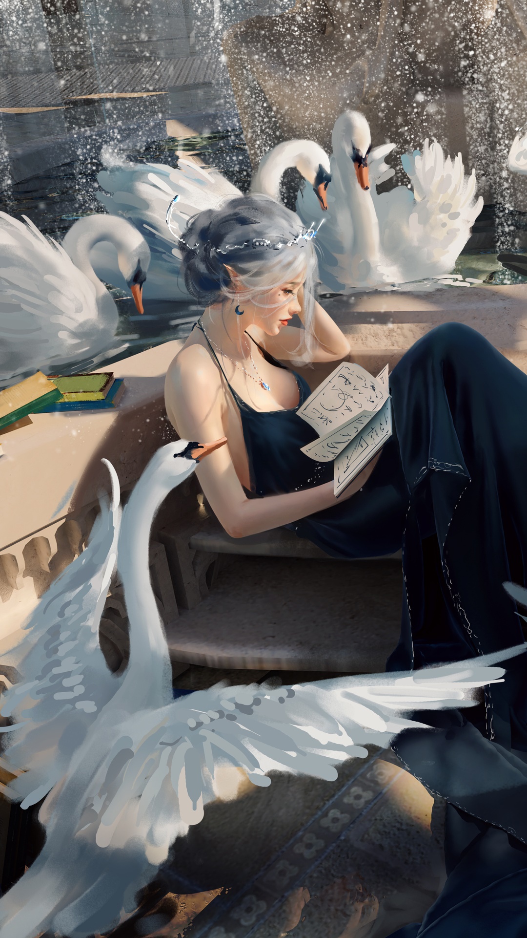 Elf Queen Reading with Swans HD Phone Wallpaper