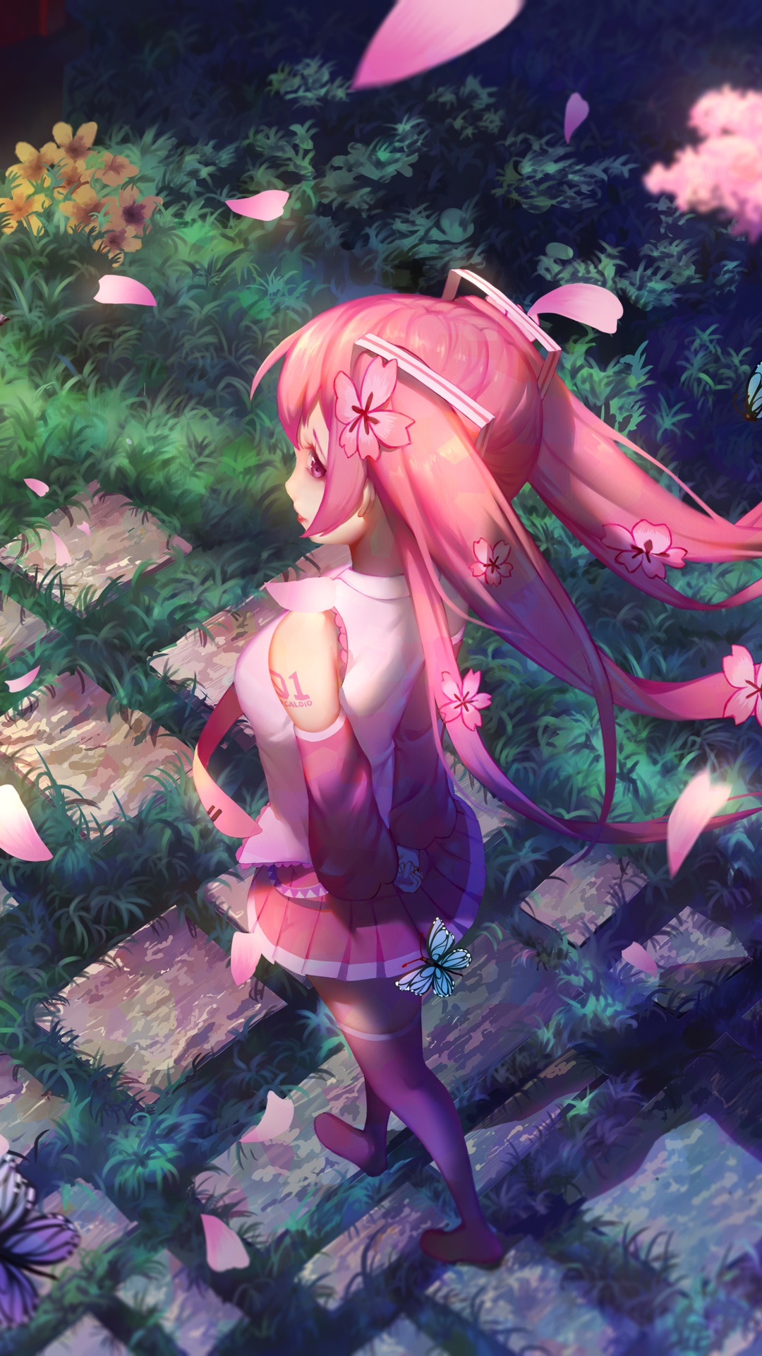 Hatsune Miku in a Cherry Blossom Garden HD Phone Wallpaper