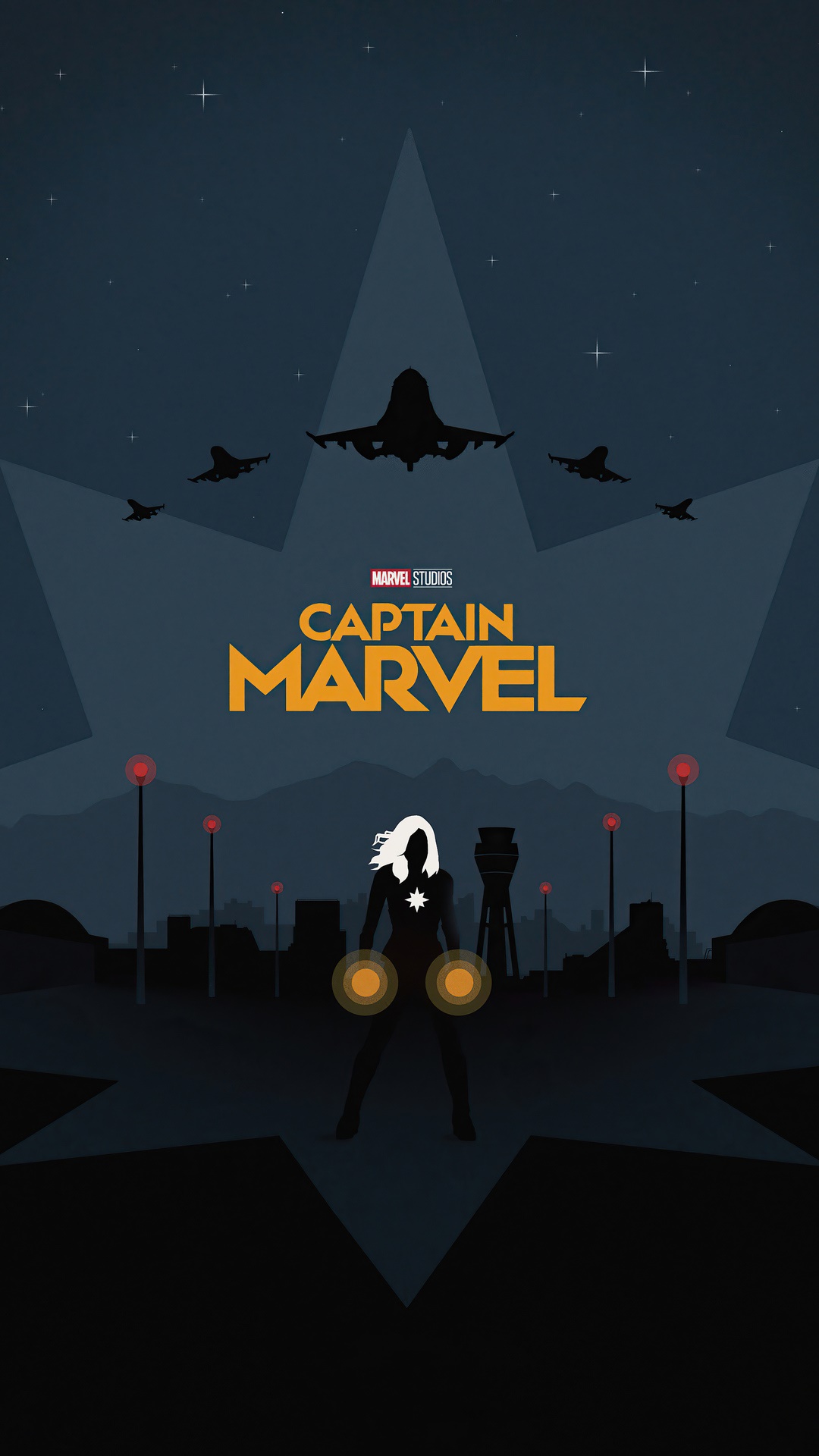 Captain Marvel Poster with Jets and Cityscape HD Phone Wallpaper