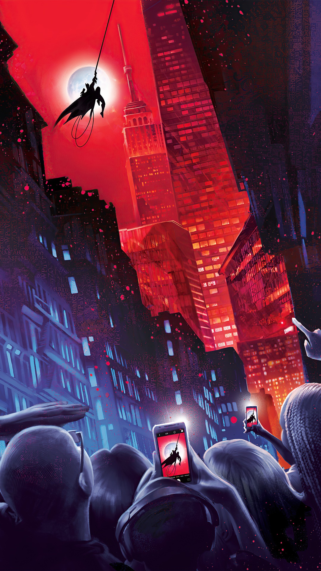 Batman swinging over a city with people taking photos HD Phone Wallpaper