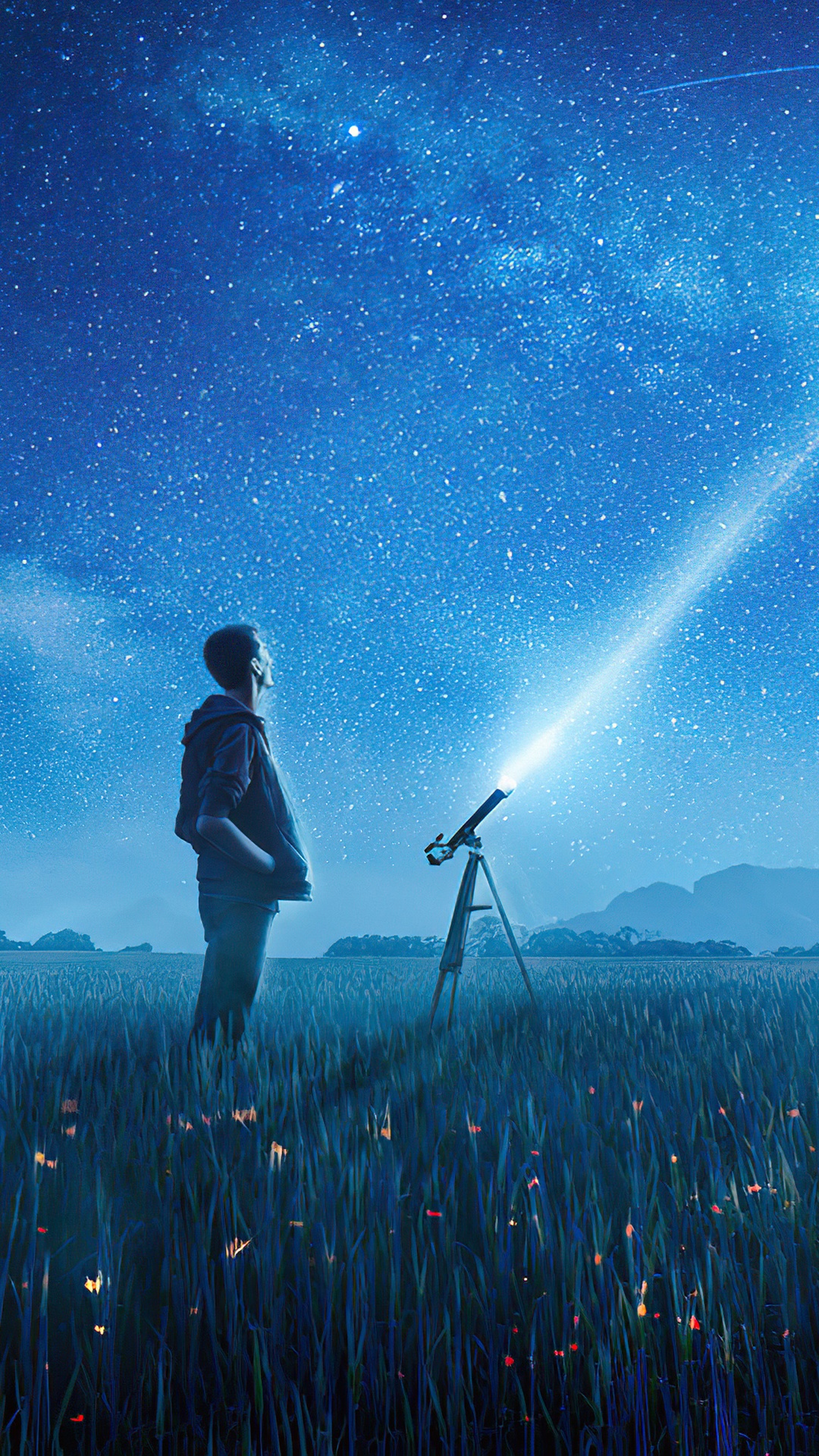 Man with Telescope Gazing at Starry Sky HD Phone Wallpaper