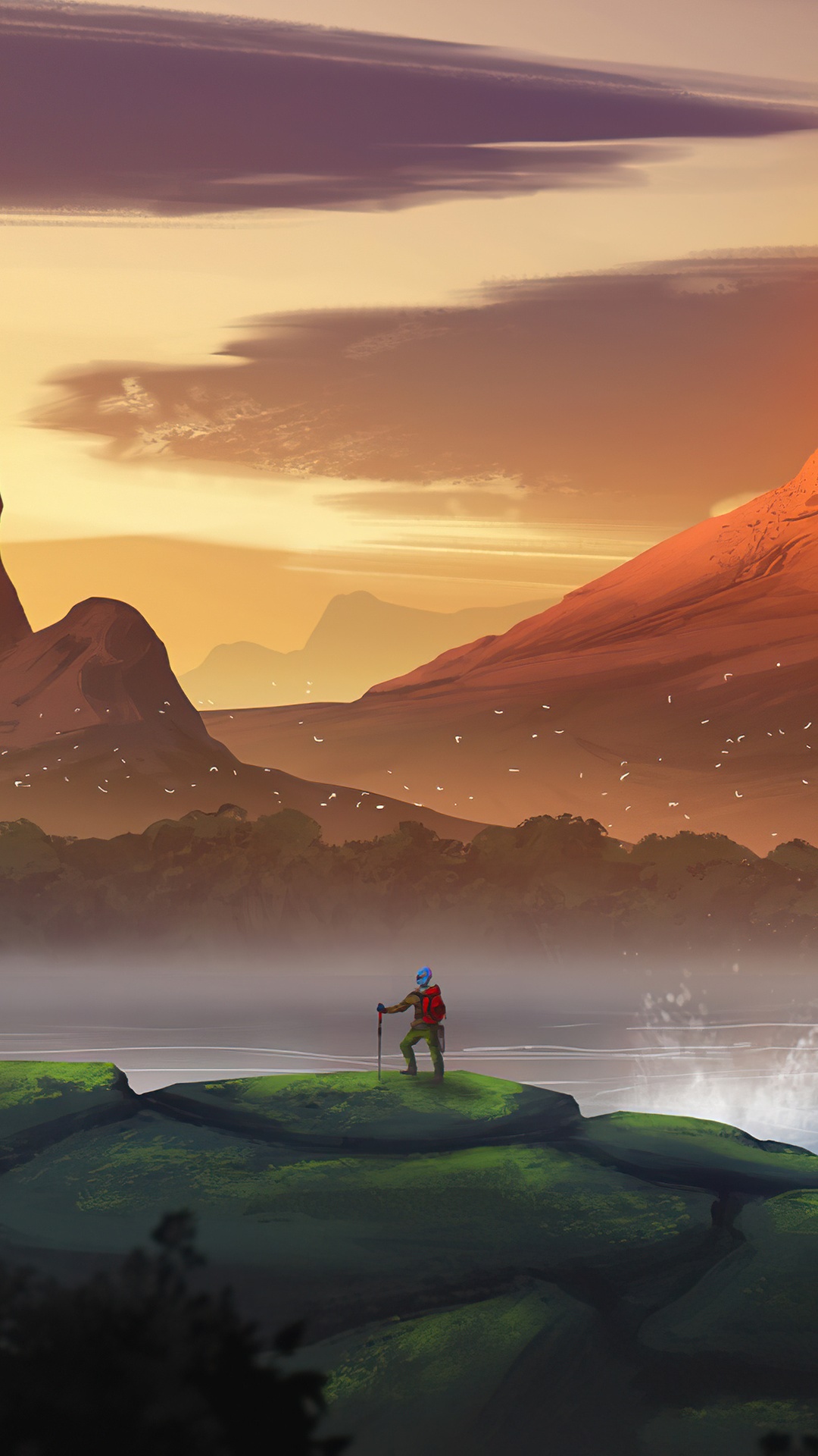 Digital art of a hiker in a mountain landscape HD Phone Wallpaper