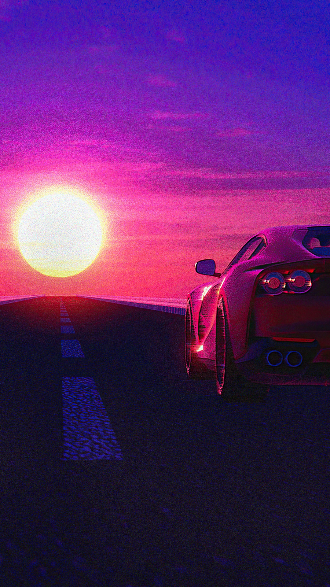Red sports car on a road at sunset HD Phone Wallpaper