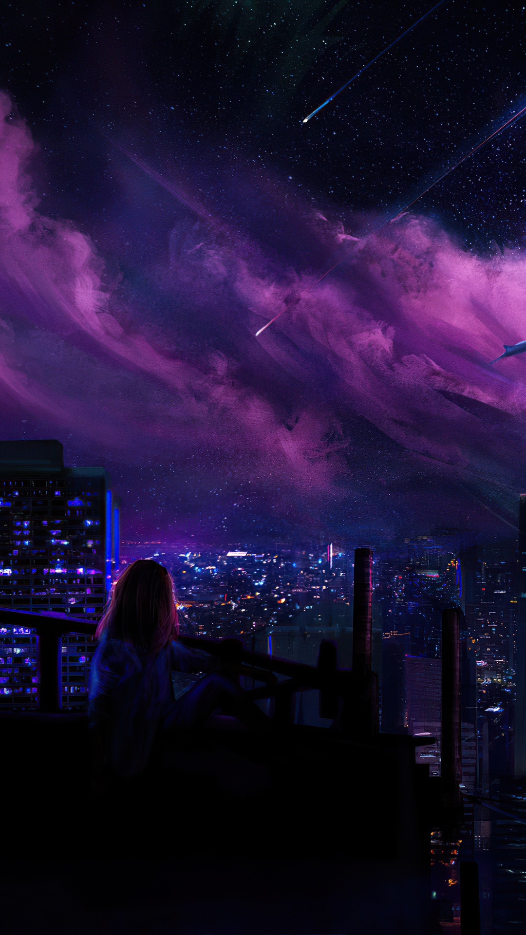 Girl on a rooftop overlooking a futuristic city at night HD Phone Wallpaper