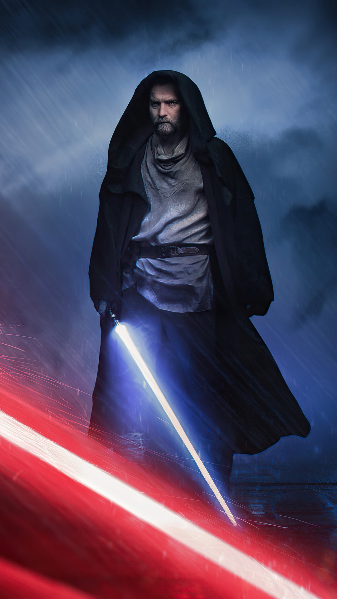 Obi-Wan Kenobi with Lightsaber in Rain HD Phone Wallpaper