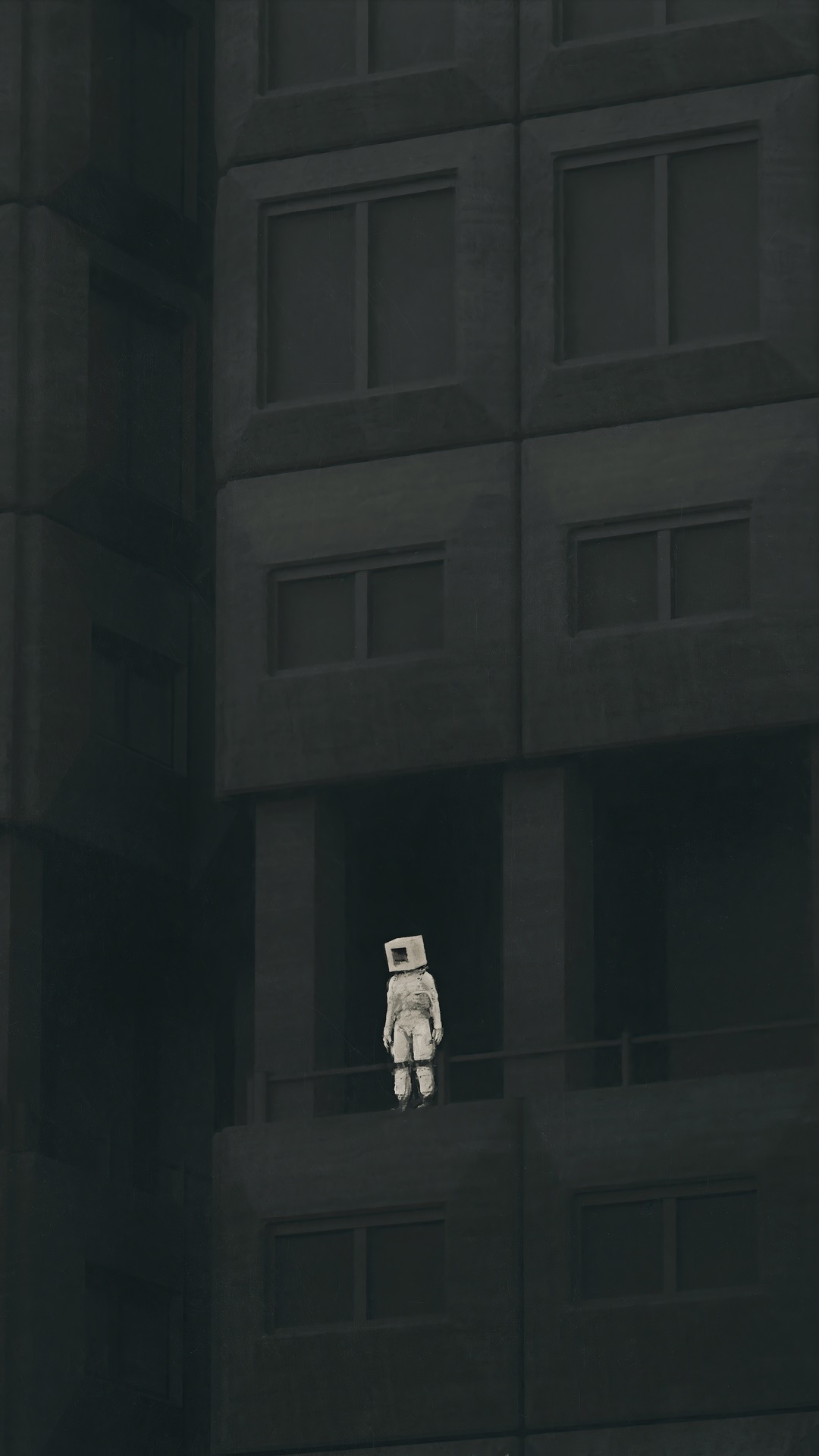 Figure with a box on its head on a balcony HD Phone Wallpaper