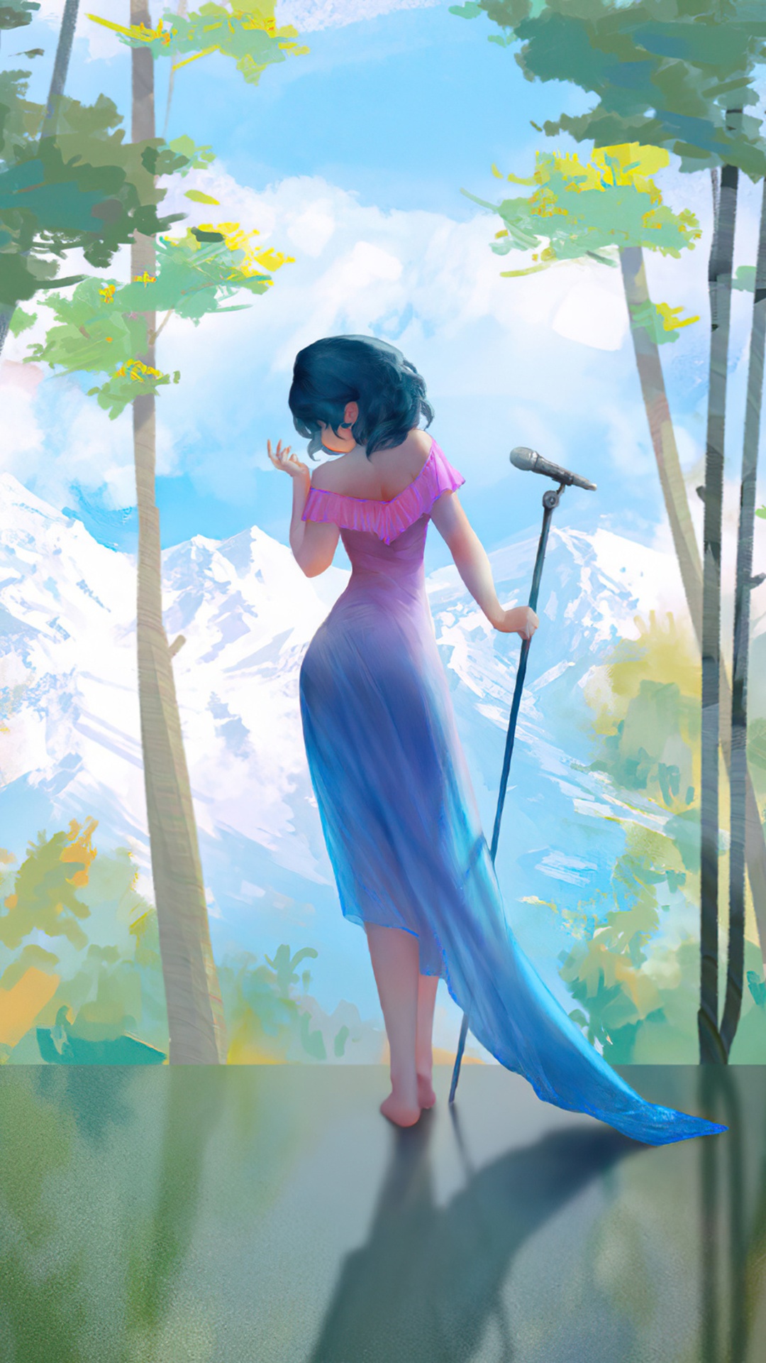 Woman in a dress singing on a stage with mountains HD Phone Wallpaper