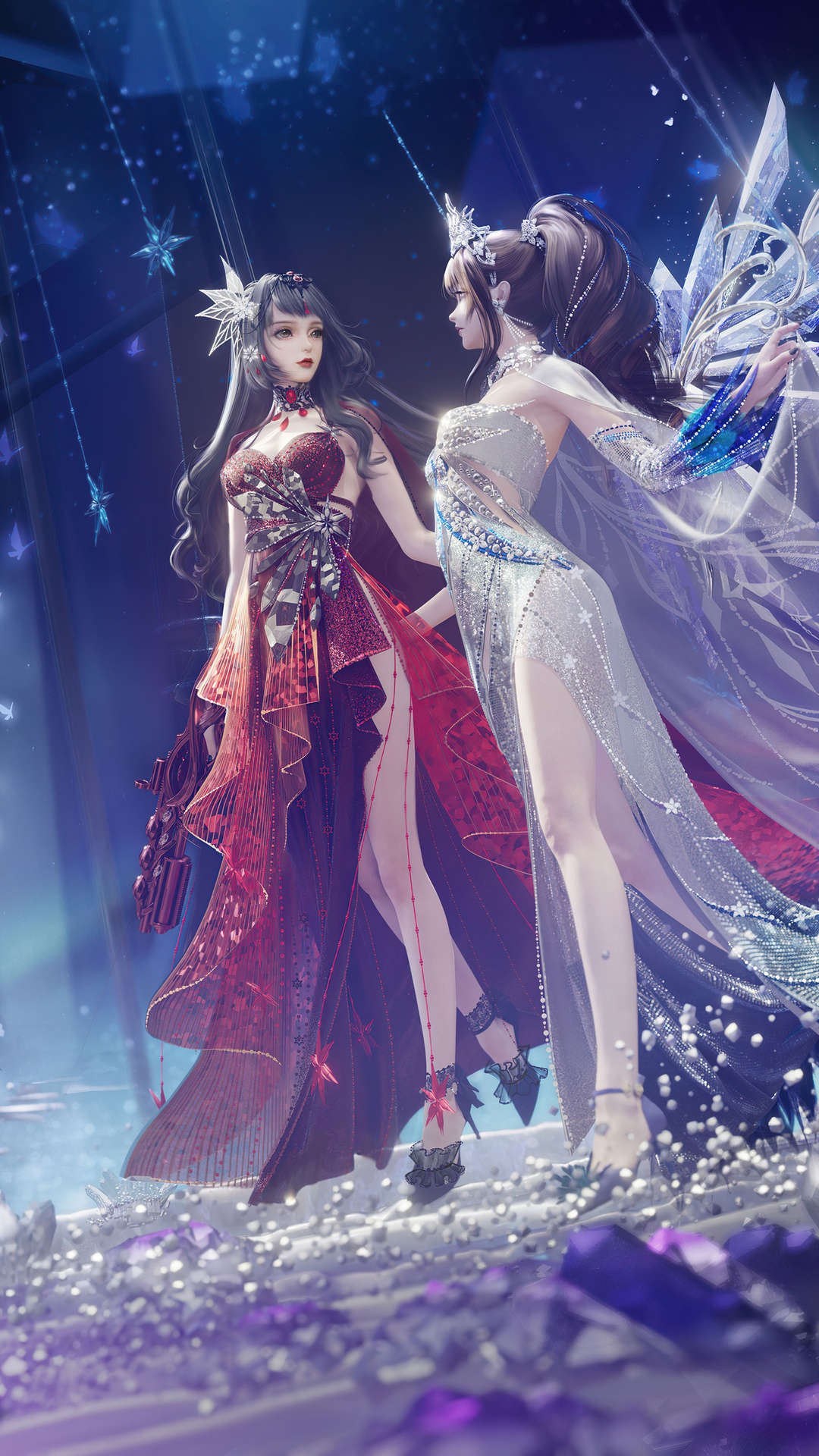 Two women in elaborate dresses in a fantasy setting HD Phone Wallpaper