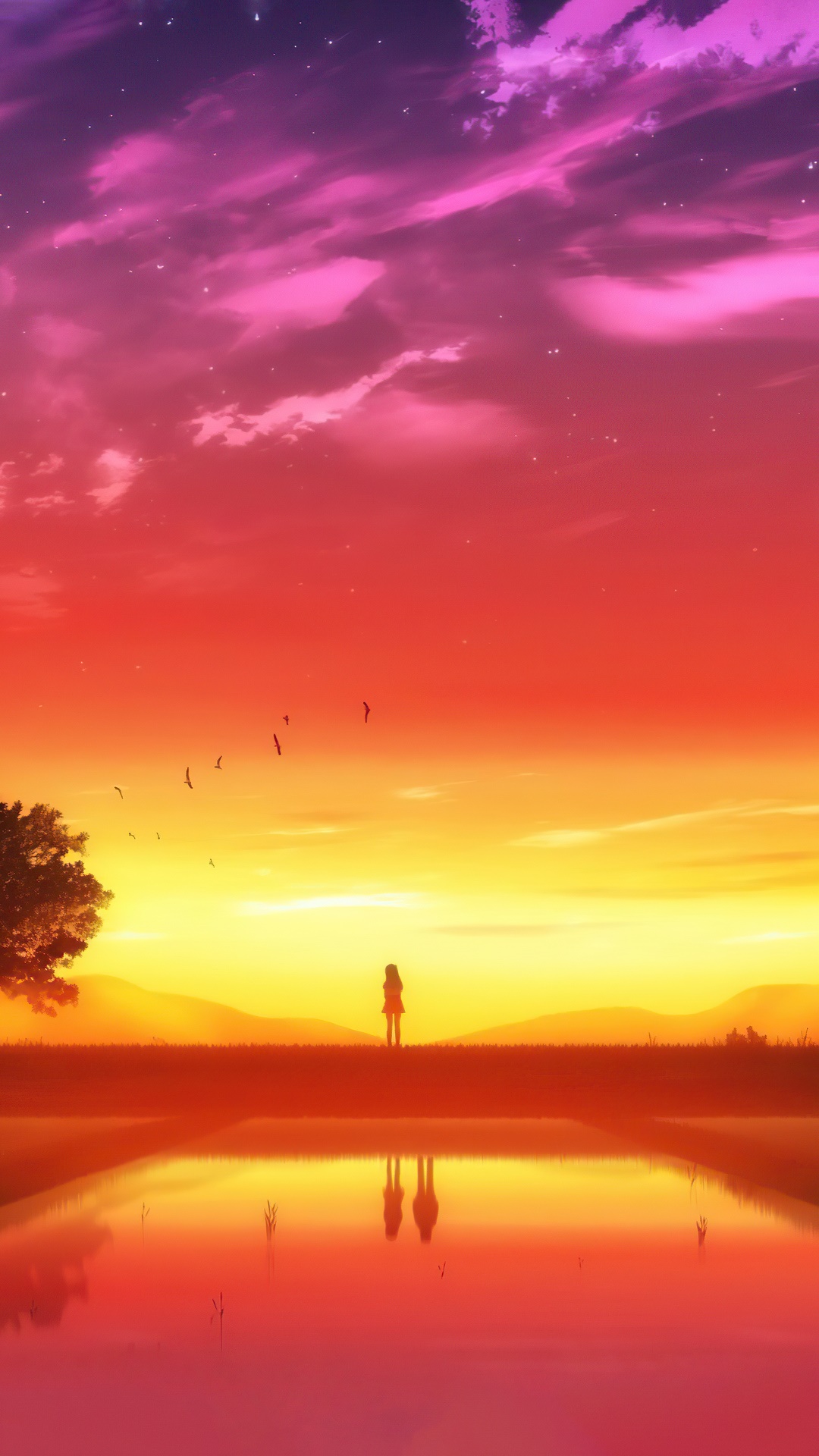 Anime girl standing by a lake at sunset HD Phone Wallpaper