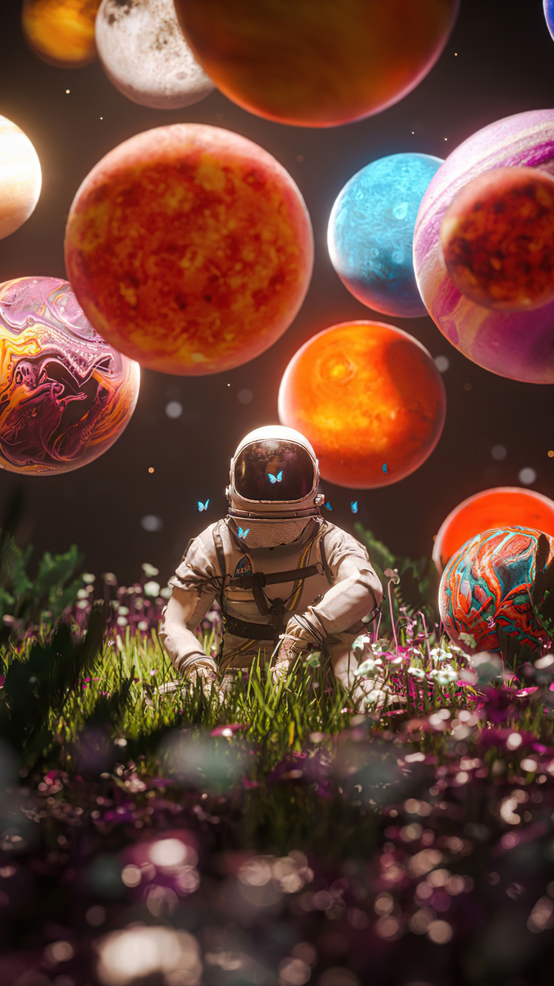 Astronaut in a field of flowers with planets in the sky HD Phone Wallpaper