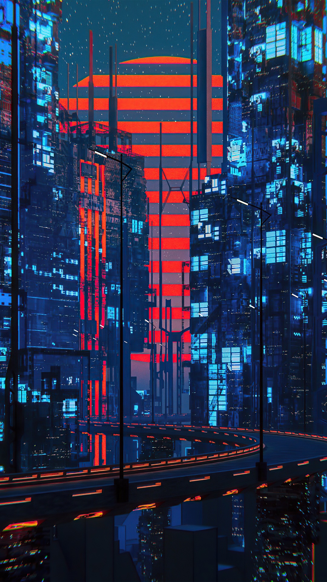 Cyberpunk city with a large red sun HD Phone Wallpaper