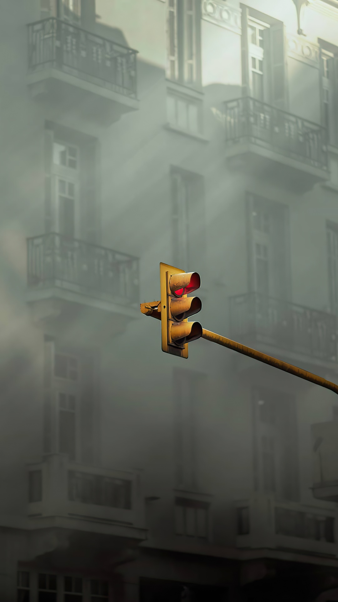 Traffic light in fog with building HD Phone Wallpaper
