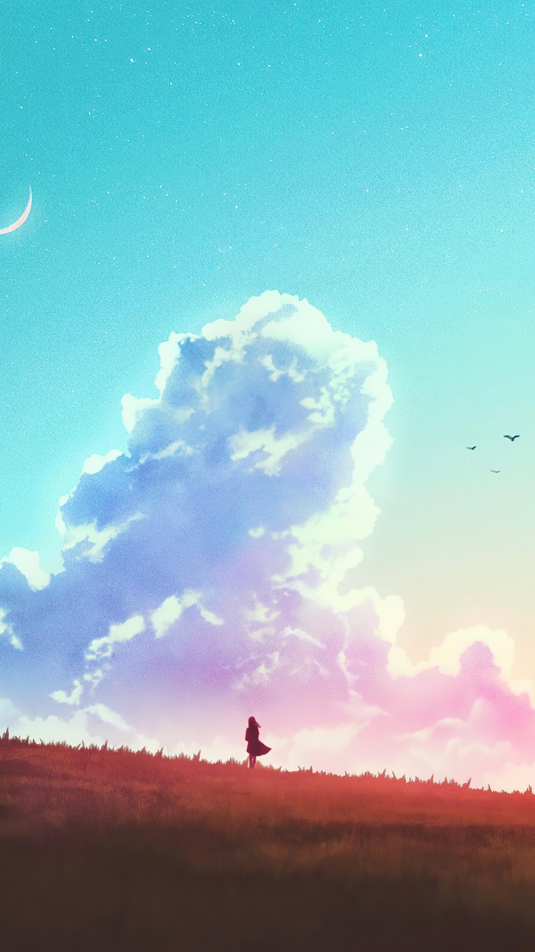 Digital art of a girl on a hill at sunset HD Phone Wallpaper