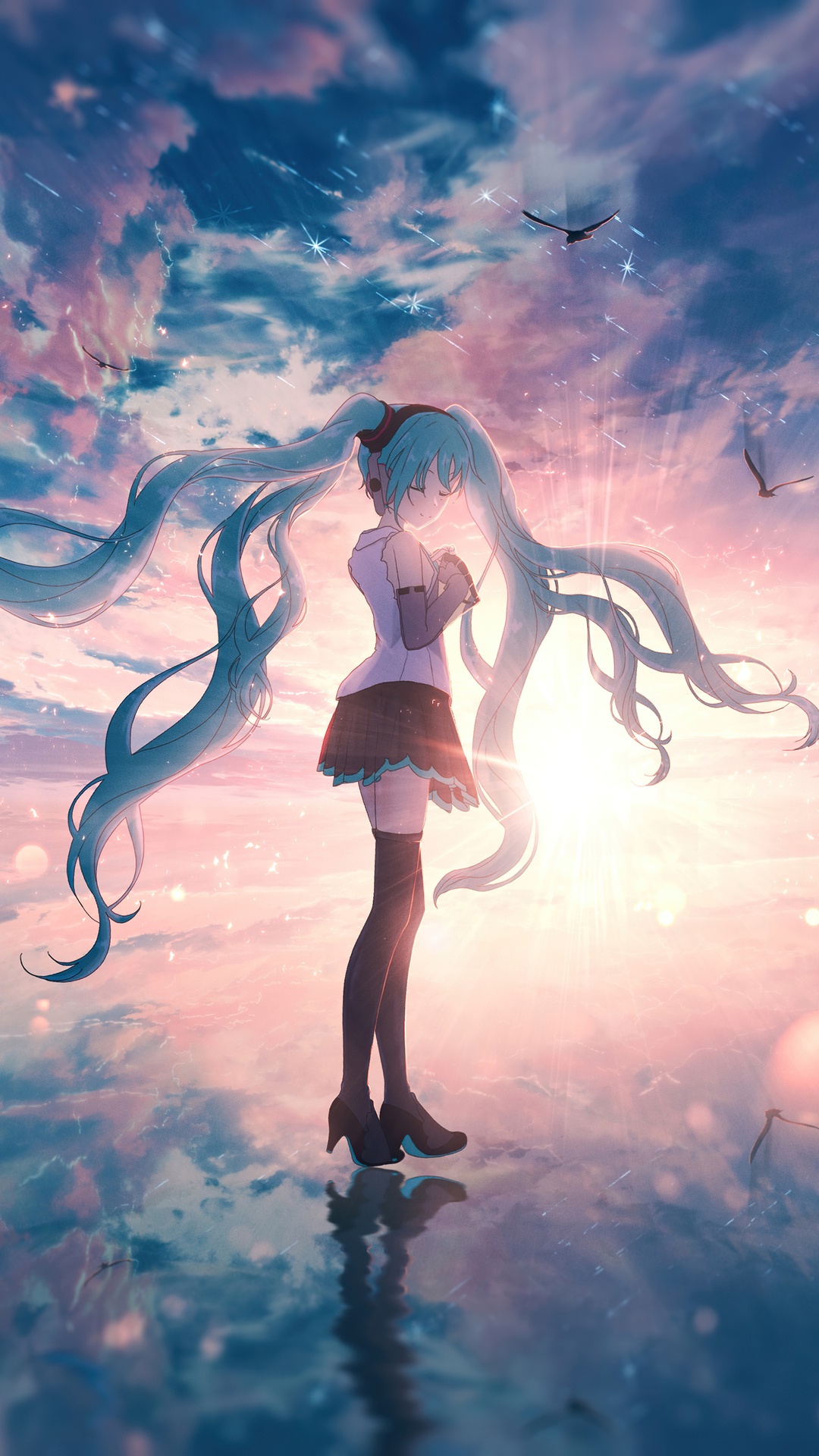 Hatsune Miku standing in a sunset sky with birds HD Phone Wallpaper